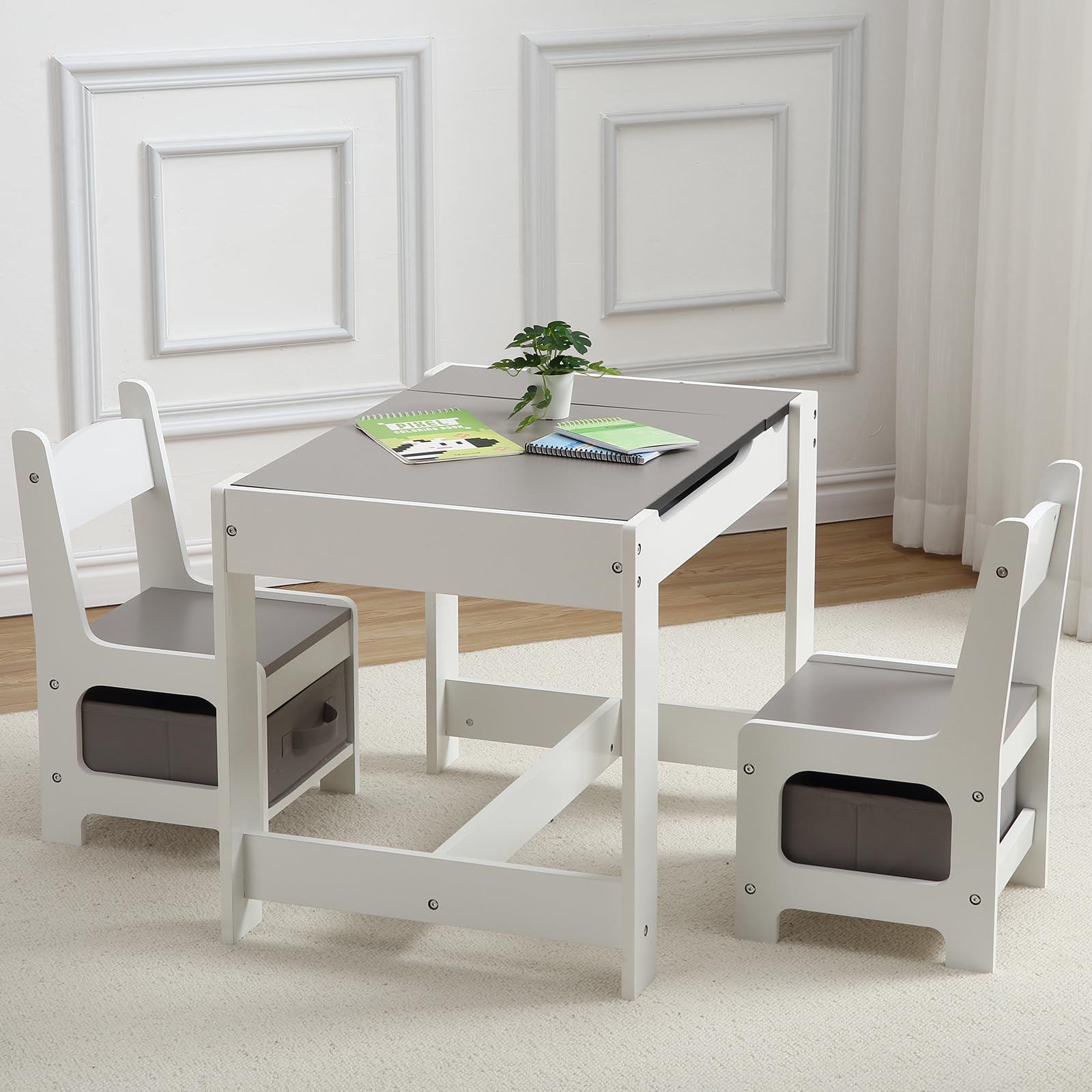 GARVEE 3-in-1 Kids Table and Chair Set with Storage Drawer - Wooden Activity Table for Toddlers Arts & Crafts - 2-in-1 Tabletop - Natural Material Playroom Furniture for Home, Kindergarten, Daycare - Perfect for Drawing, Learning & Playtime - Grey