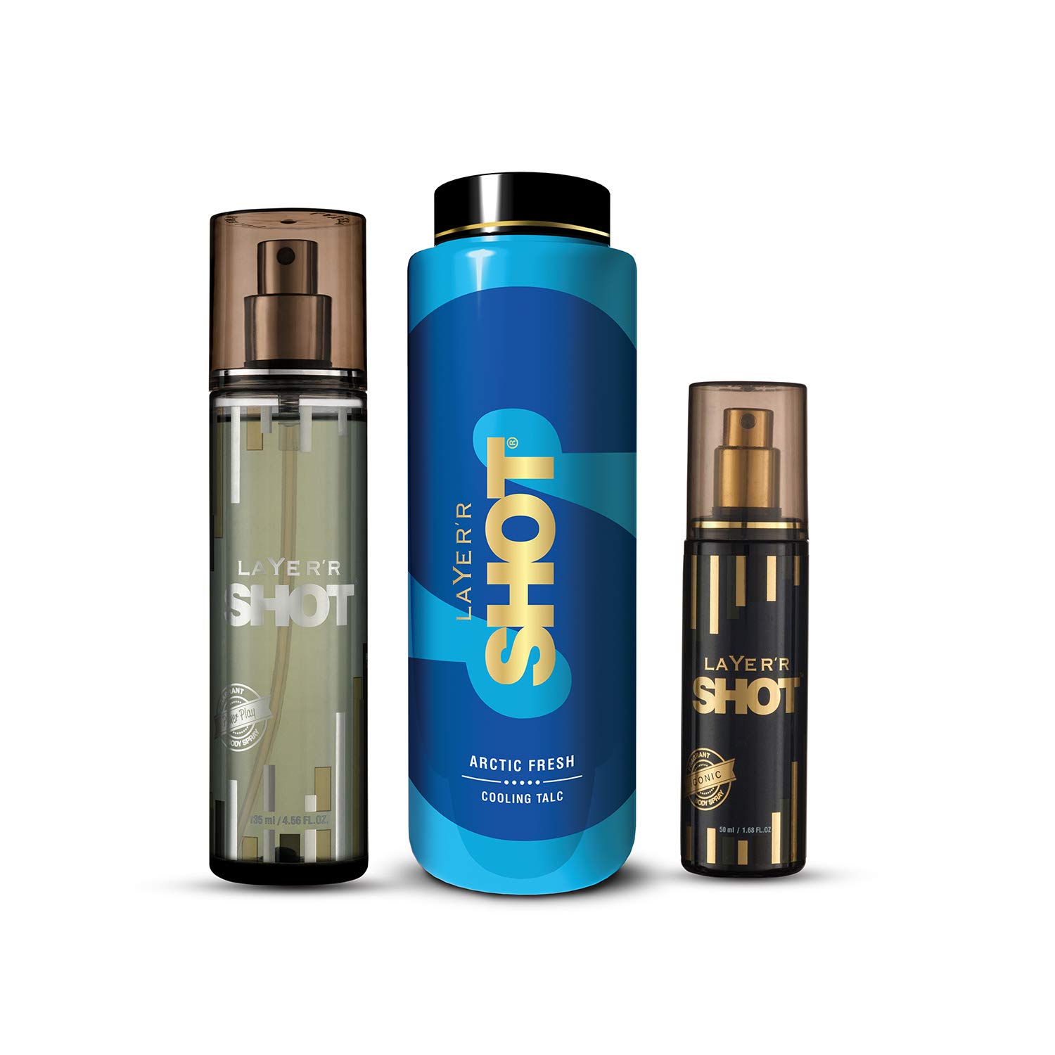 Layer'r Shot Men's Fragrant Body Spray Gift Set - 3 Pack (Power Play 130ml, Arctic Fresh Cooling Talc 100g, Iconic Spray 50ml) | Long Lasting Premium Cologne for Men | Skin Friendly Deodorant Spray | Perfect for Gym, Office, Date Night & Daily Use | Best Gift for Him