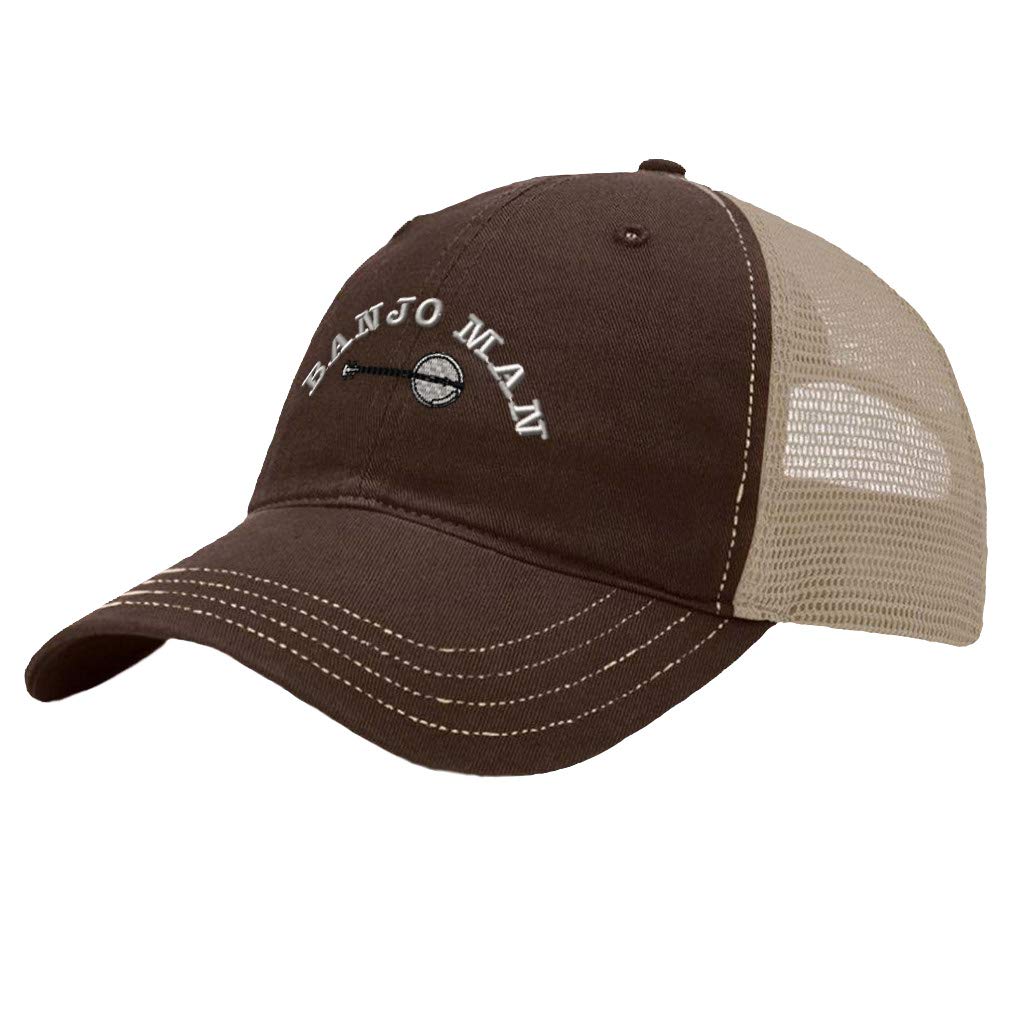 Richardson Trucker Mesh Hat with Banjo Man Embroidery - Cotton Snapback Dad Cap for Men & Women in Brown & Khaki - Perfect for Outdoor Activities, Concerts, and Casual Wear