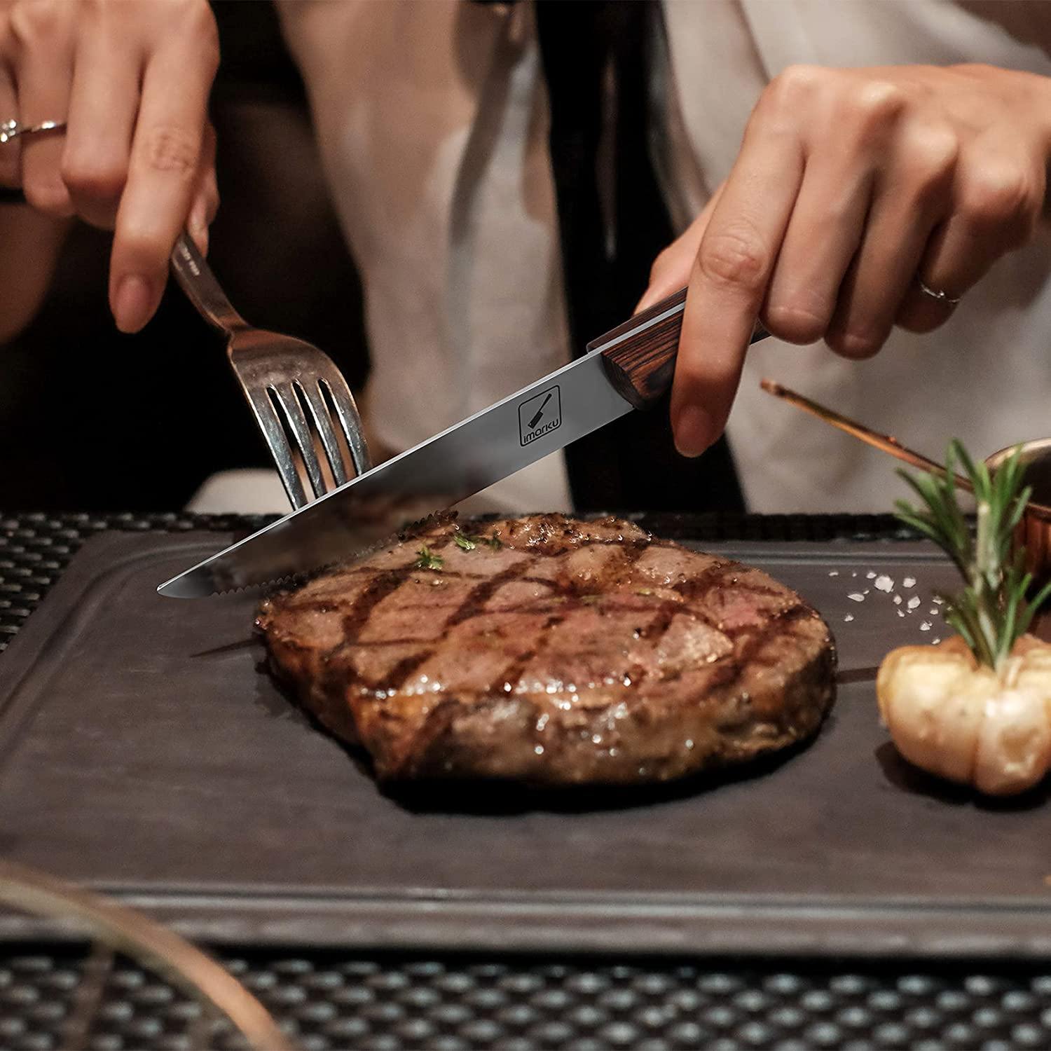 Imarku Premium 5-Piece Stainless Steel Serrated Steak Knife Set - Sharp Kitchen Cutlery for Steak, Meat, and BBQ - Perfect for Dining, Restaurants, and Home Entertaining