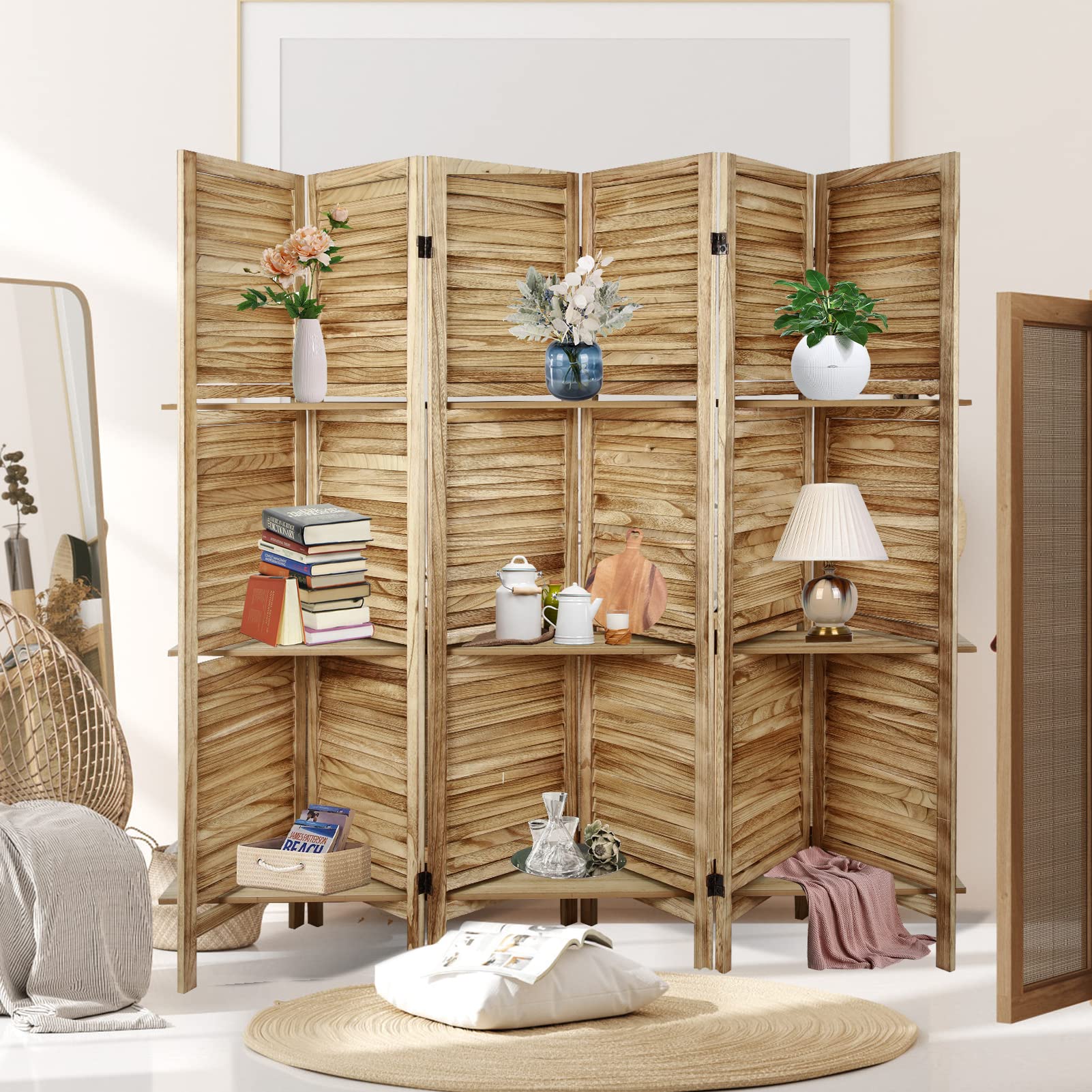 ECOMEX 6 Panel Wood Folding Room Divider Screen with Shelves - Freestanding Partition with Display Shelves, Easy to Move (Natural Color) - Perfect for Home Office, Living Room & Bedroom Privacy