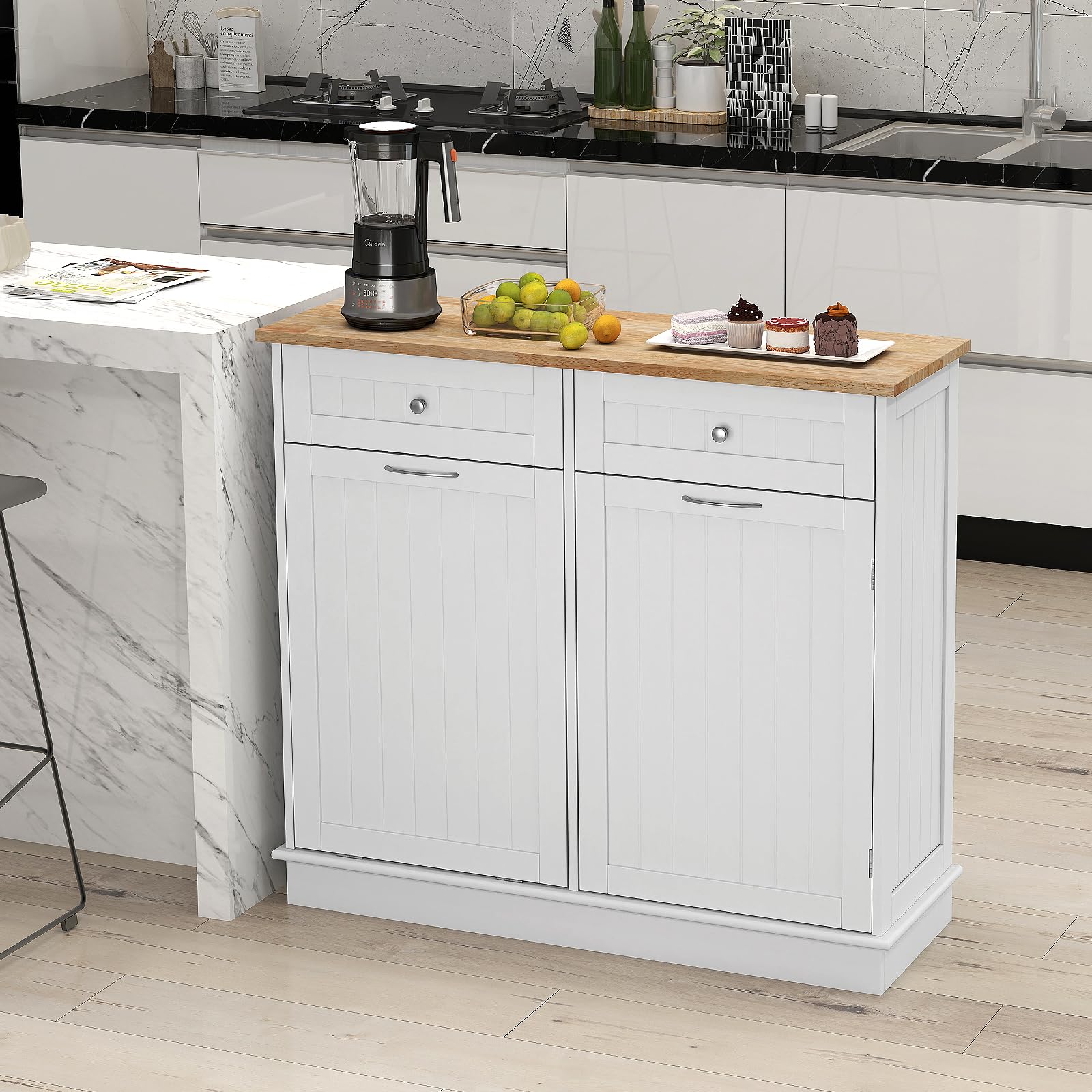 Tilt Out Trash Cabinet - White Kitchen Island with 2 Drawers, Adjustable Shelf & Rubber Wood Countertop | Freestanding Laundry Hamper & Pet Proof Garbage Can Holder with Recycle Bins | Perfect for Small Kitchens, Laundry Rooms & Pet-Friendly Homes