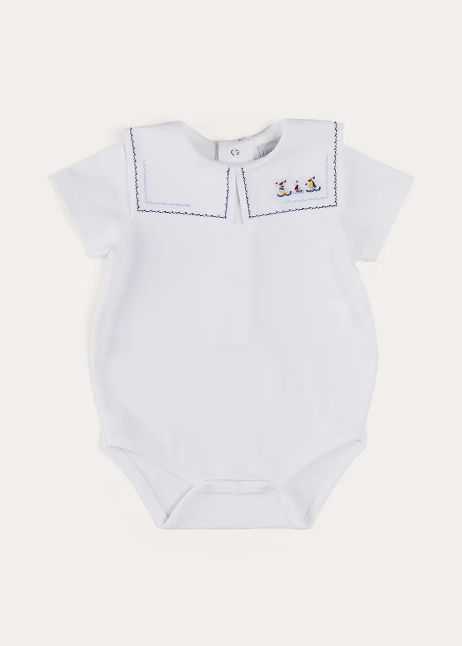 White Boat Embroidery Statement Collar Short Sleeve Bodysuit for Babies (3 Months to 2 Years) - Perfect for Summer Outfits, Photo Shoots & Special Occasions