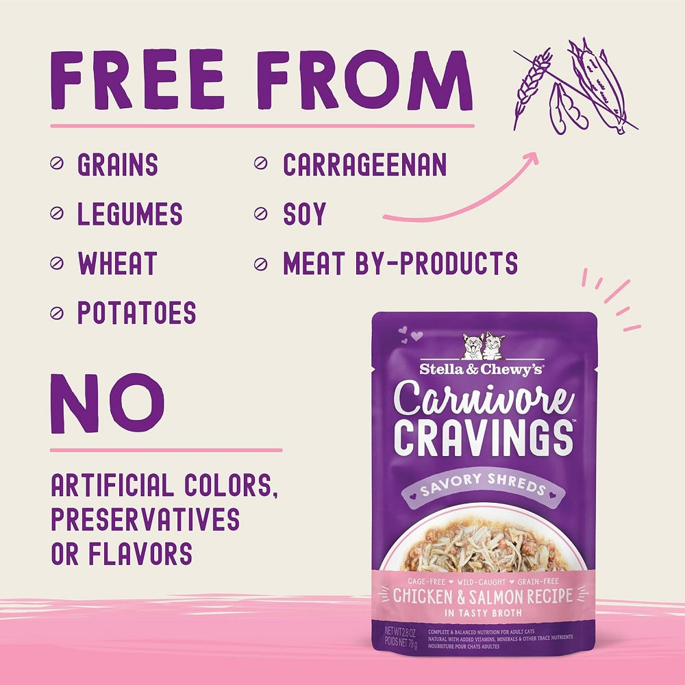 **Carnivore Cravings Chicken & Salmon Cat Food - 100% Complete & Balanced Diet in Tasty Broth (Savory Shreds) - Wet Cat Food Pouches for Adult & Senior Cats - Perfect for Mealtime, Travel & Treats**