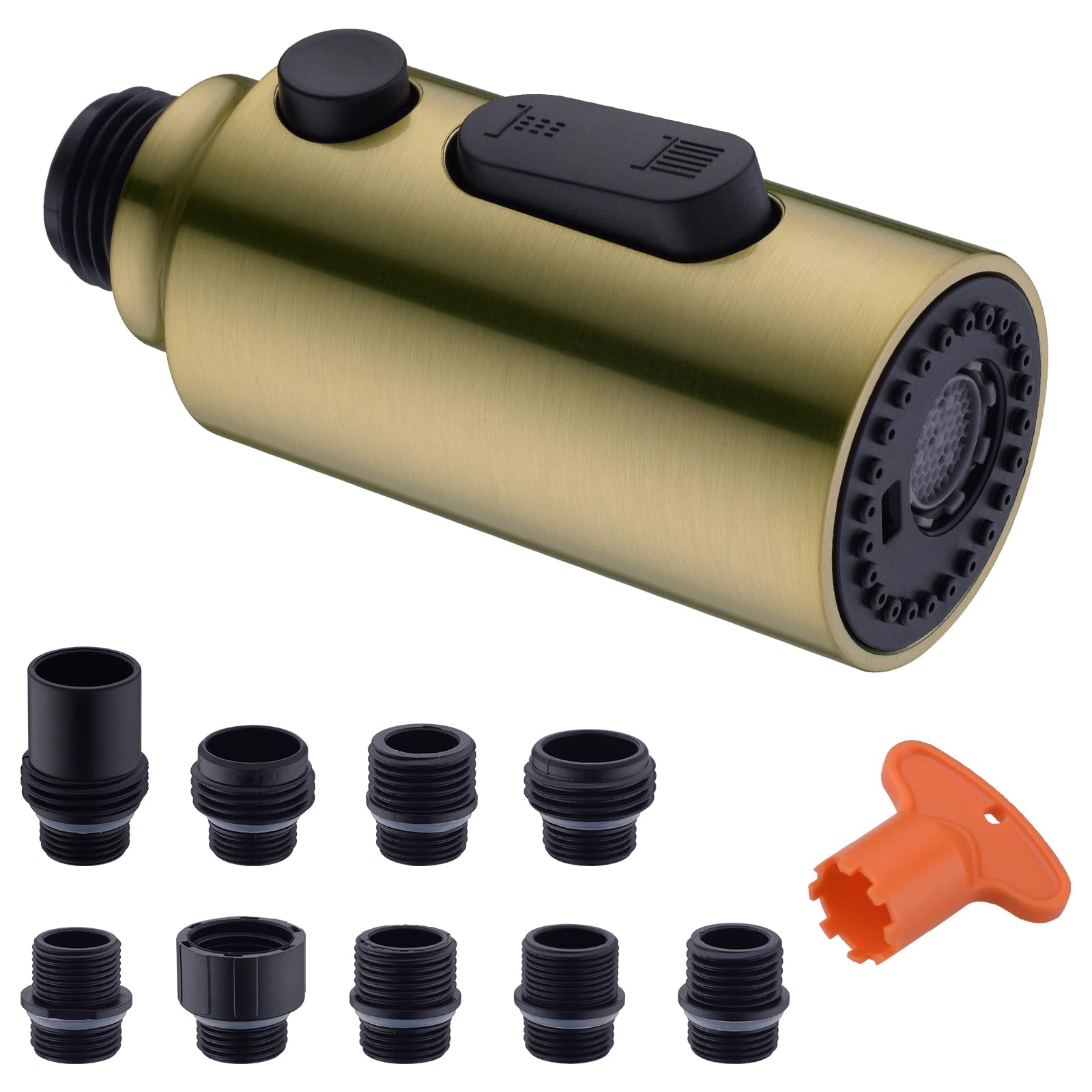 **CLOVERMAP Pull Down Kitchen Faucet Sprayer Head Replacement - 3 Function Spray Nozzle with 9 Adapters, Brushed Gold - Perfect for Sink Cleaning, Dishwashing & Food Prep**