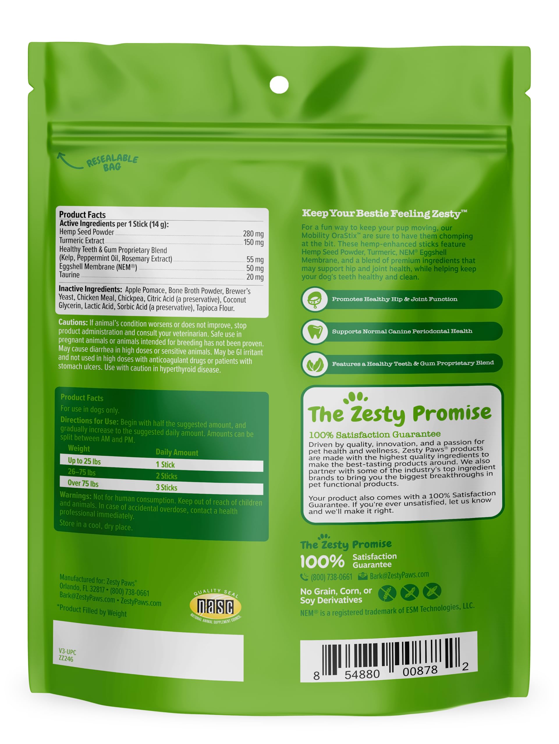Zesty Paws OraStix Dog Dental Chews - Hip & Joint Mobility Treats with Hemp Seed, Curcumin & Eggshell Membrane for Joint Health | Supports Cartilage, Teeth & Gums | 25oz | Great for Senior Dogs & Active Pets