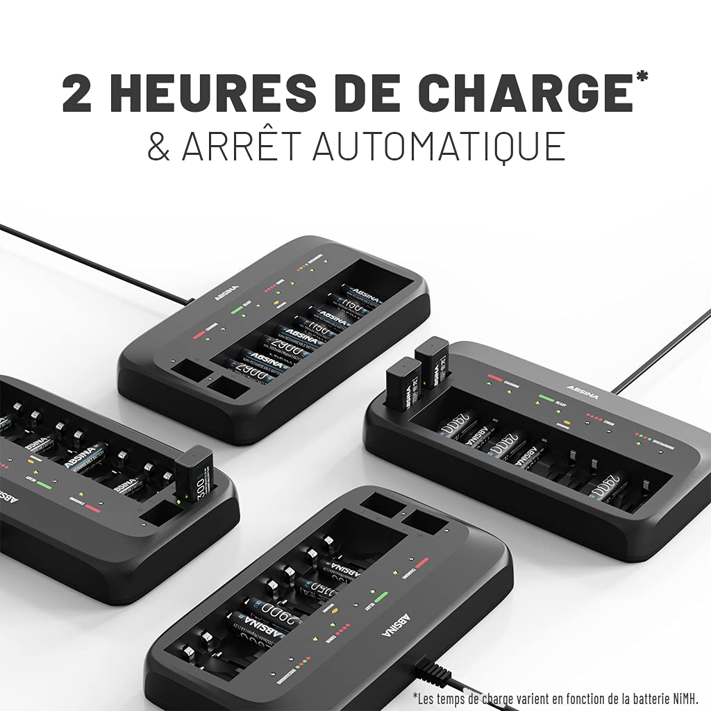 ABSINA X10 10-Slot Rechargeable Battery Charger for AA AAA 9V NiMH Batteries - Fast Charging for Micro AAA Cute AA & 9V Block Batteries - Perfect for Cameras Toys Flashlights and Electronics