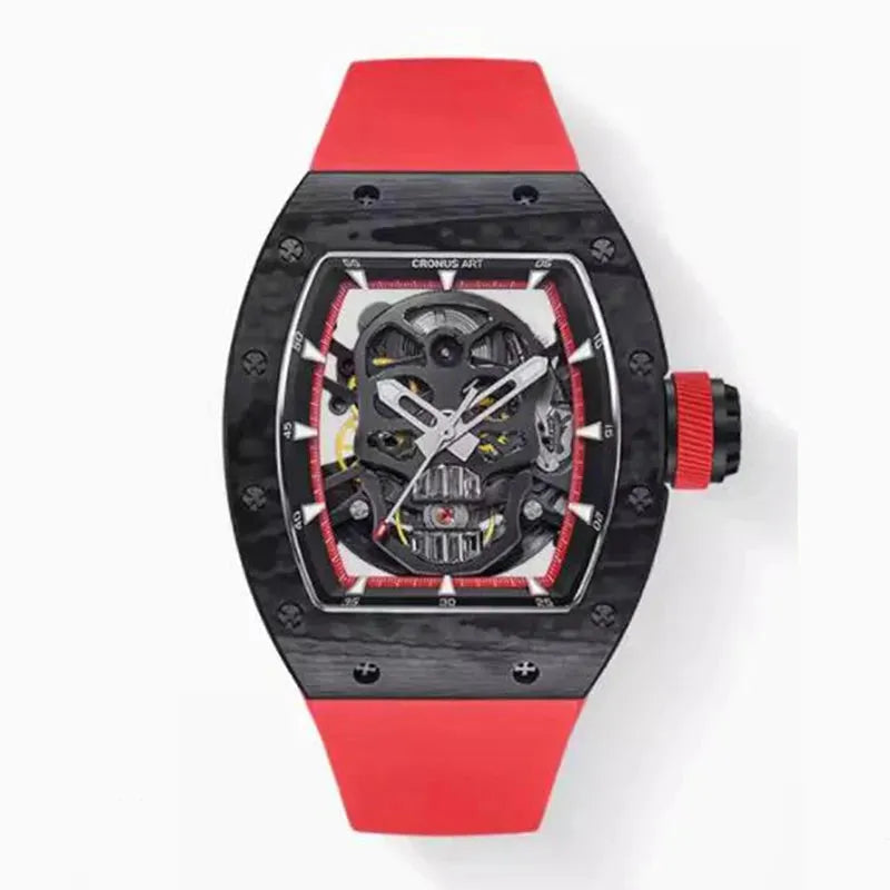 Premium CRONUSART Men's Automatic Watch - 50mm Tonneau Case, Carbon Fiber, Skull Dial, Fluororubber Strap - Luxury Mechanical Wristwatch for Business, Casual & Nightlife