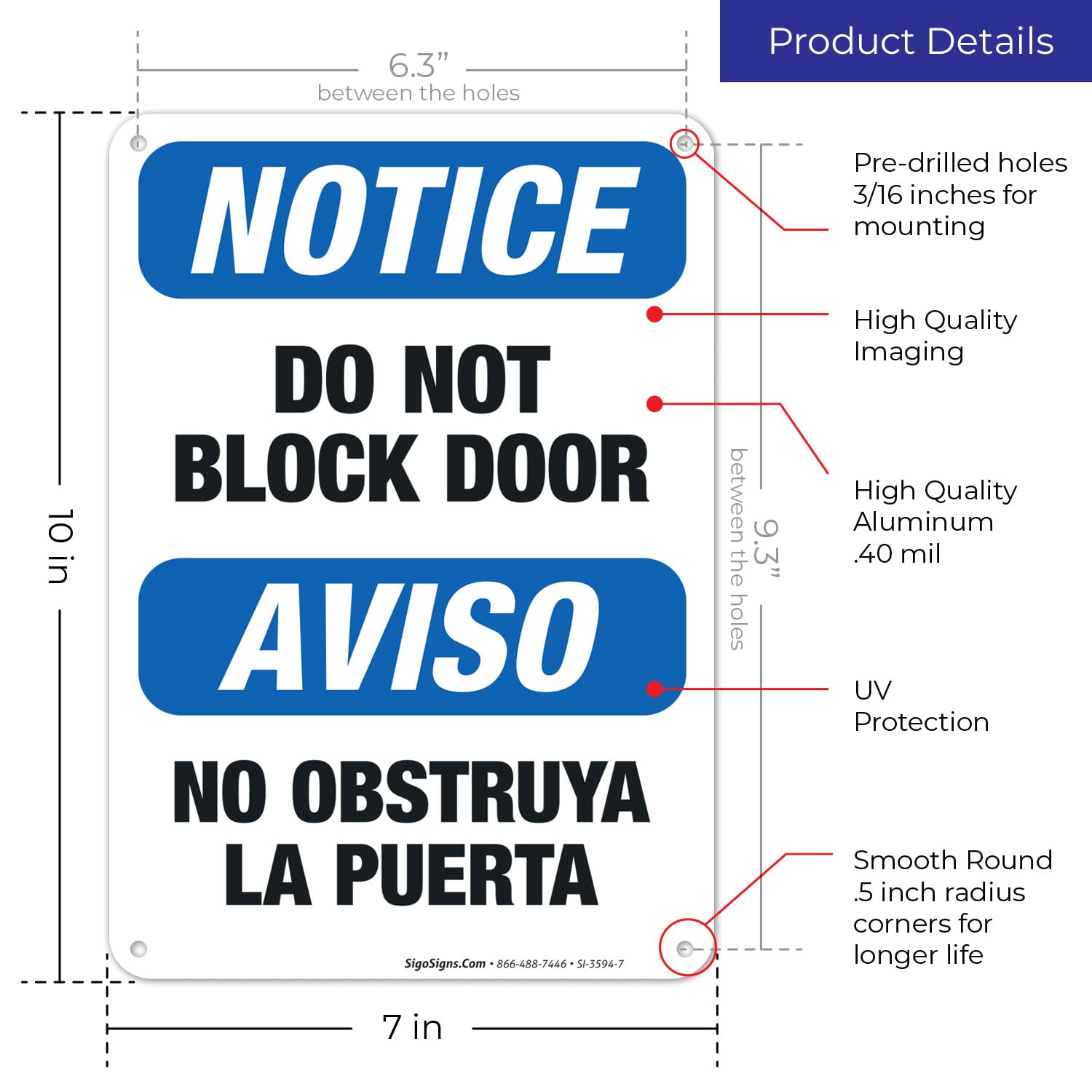 Bilingual 'Do Not Block Door' OSHA Notice Sign - 10x7 Inches, Rust-Free .040 Aluminum, Fade Resistant for Indoor & Outdoor Use - Made in USA | Perfect for Offices, Warehouses, and Public Safety Areas