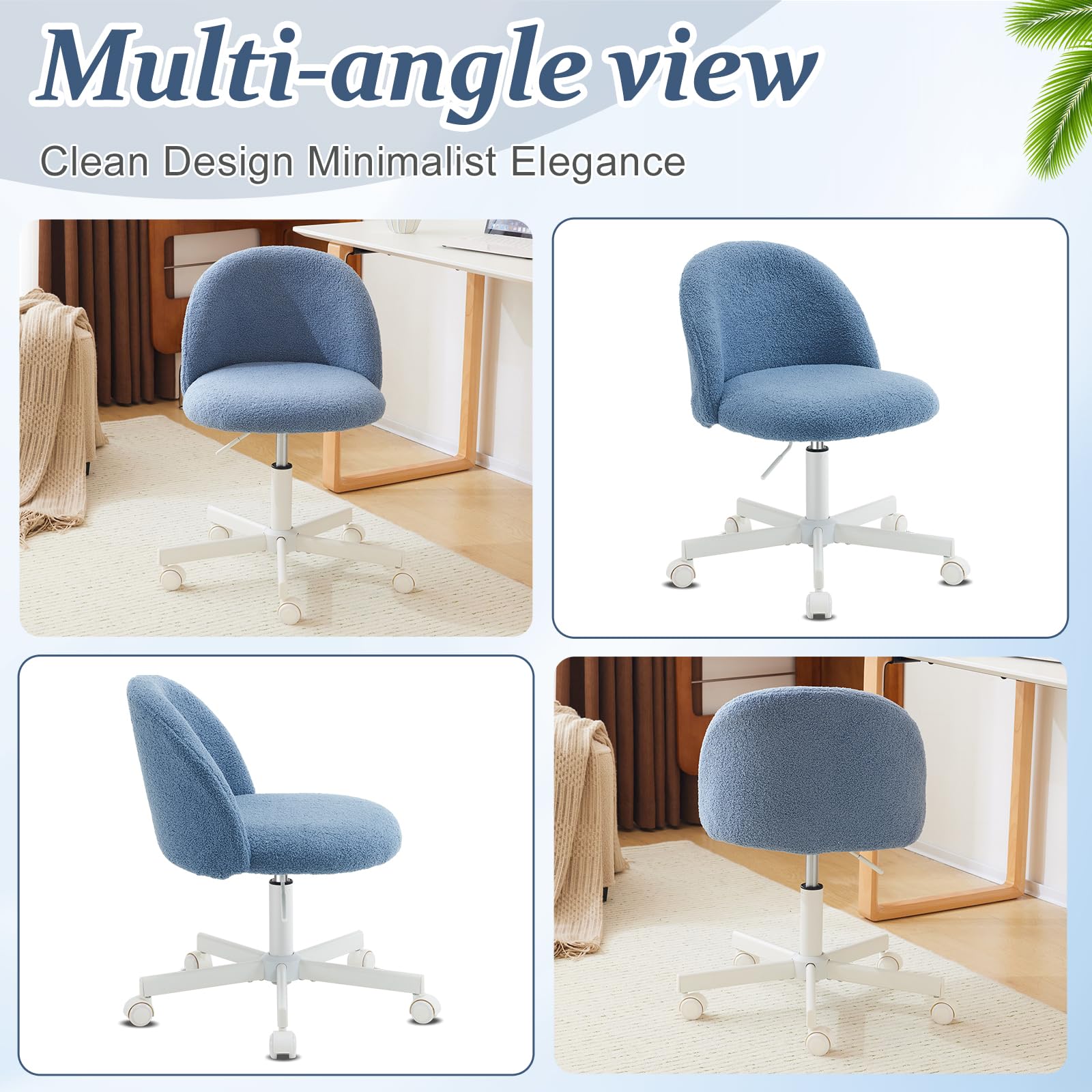 VINGLI Armless Cute Desk Chair with Wheels - Comfortable Small Office Chair, Adjustable Swivel Vanity Chair with Lumbar Support, Rolling Computer Task Chair for Home Office & Bedroom (Fog Blue) - Perfect for Gaming, Studying, and Workspace Ergonomics