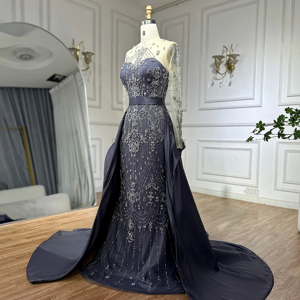 Luxury Dubai Elegant Blue Saudi Arabic Evening Gown with Overskirt - Crystal Beaded Formal Dress for Women - Perfect for Weddings, Galas & Special Occasions LA72757