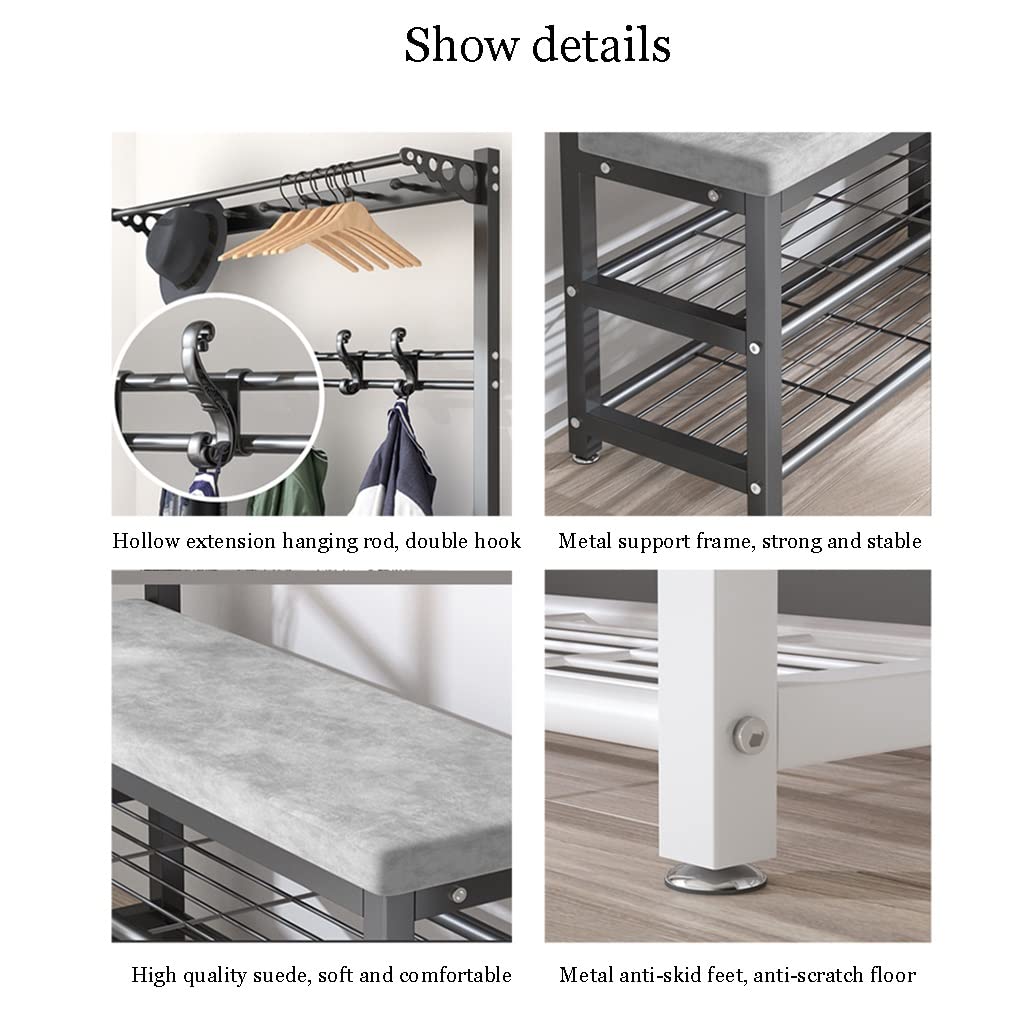 4-in-1 Entryway Storage Bench with Metal Frame - Shoe Bench, Coat Rack & Hall Tree Organizer | 5 Double Hooks, 39.37
