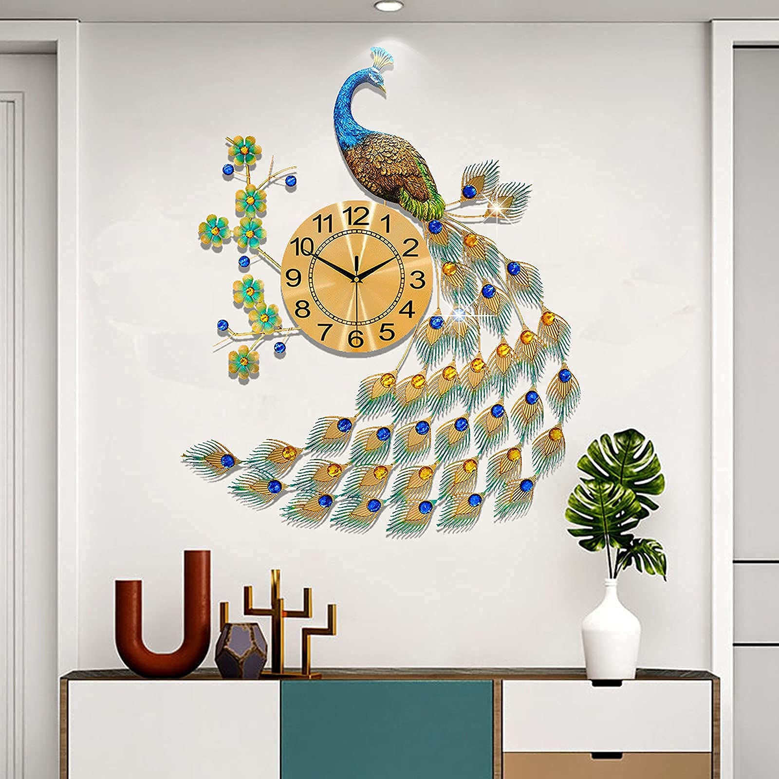 30.7 Inch Large Peacock Wall Clock - Silent Non-Ticking Metal Art Digital Clock for Living Room, Bedroom & Office Decor | Elegant Home Wall Decor