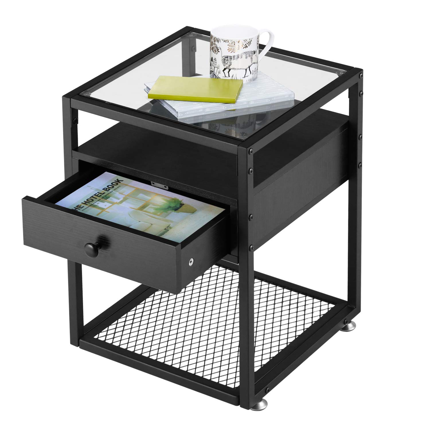 Modern Nightstand with Glass Top - 66 lb Capacity, Space-Saving Drawer - Sturdy Bedside Table for Bedroom, Living Room & Lounge - Black (1 Set) - Perfect for Small Spaces & Apartment Living