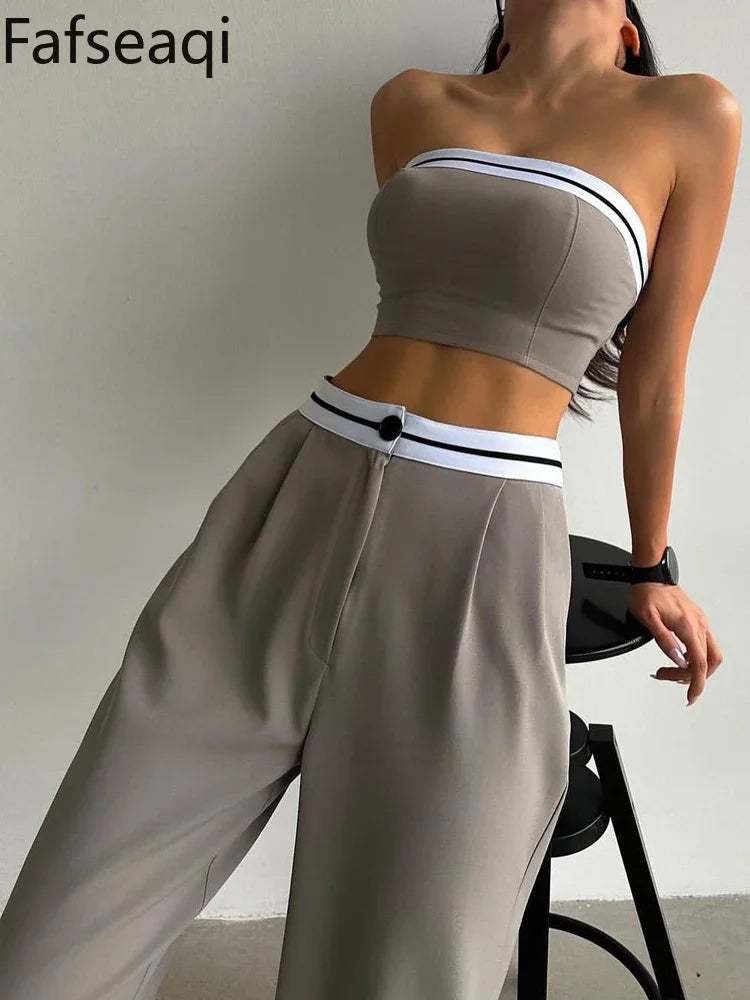 Black Women's Tracksuit Set - Sexy Boob Tube Top with Slash Neck & Contrast Color Wide Leg Pants | 2-Piece Outfit for Gym, Streetwear & Casual Fashion