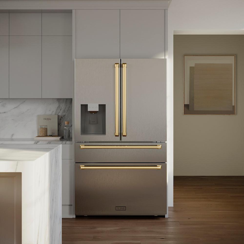 ZLINE Autograph Edition 36 Inch Counter Depth French Door Refrigerator - 21.6 cu ft Capacity, Fingerprint Resistant Stainless Steel with Polished Gold Handles, Built-in Water & Ice Dispenser (RFMZ W 36 G) - Perfect for Modern Kitchens, Entertaining & Luxury Home Appliances