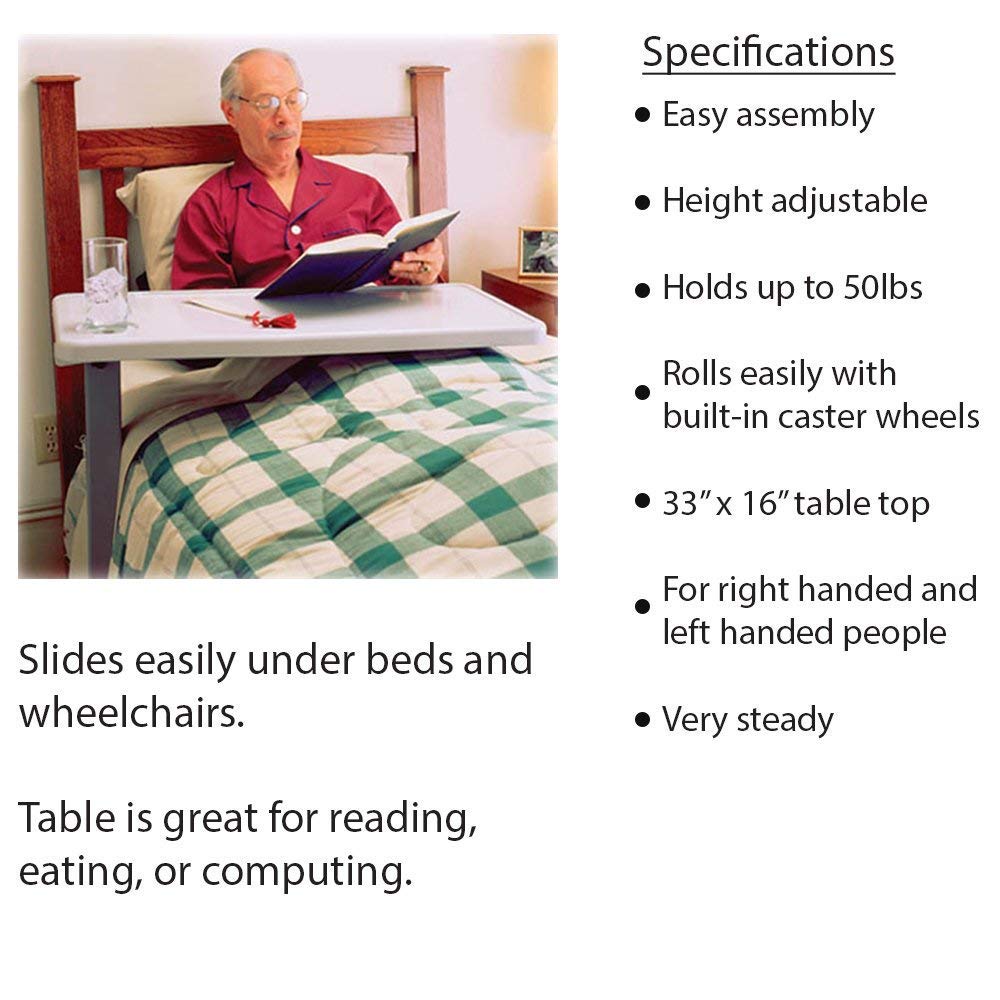Carex Overbed Table with Wheels - Adjustable Height Hospital Bed Table for Home & Medical Use - Rolling Bedside Desk for Eating, Working, Reading in Bed - Portable Over The Bed Table for Patients & Seniors