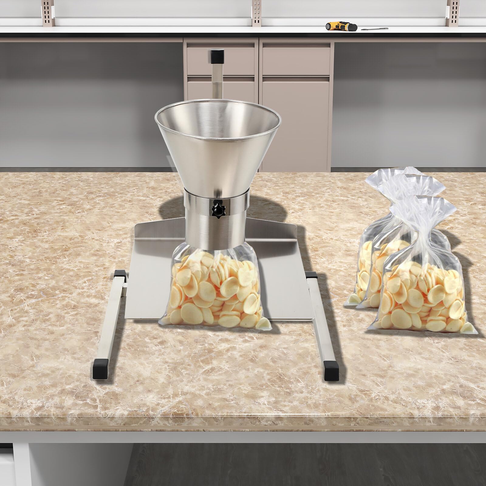 4in Stainless Steel Food Grade Feeding Hopper with Support Stand - Manual Filling Packaging Funnel for Powder, Paste & Liquid Granules | Durable Kitchen & Commercial Use for Baking, Candy Making & Bulk Food Packaging