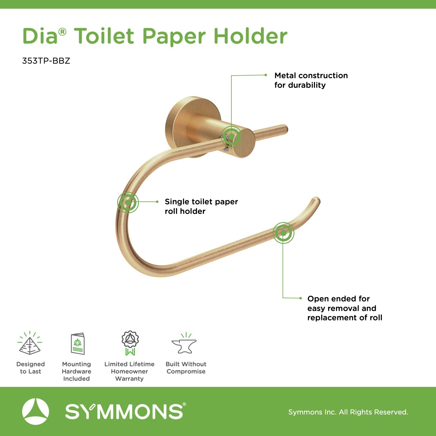 Symmons 353TP-BBZ Brushed Bronze Wall-Mounted Toilet Paper Holder - Durable Bathroom Tissue Dispenser for Home, Hotel & Restrooms