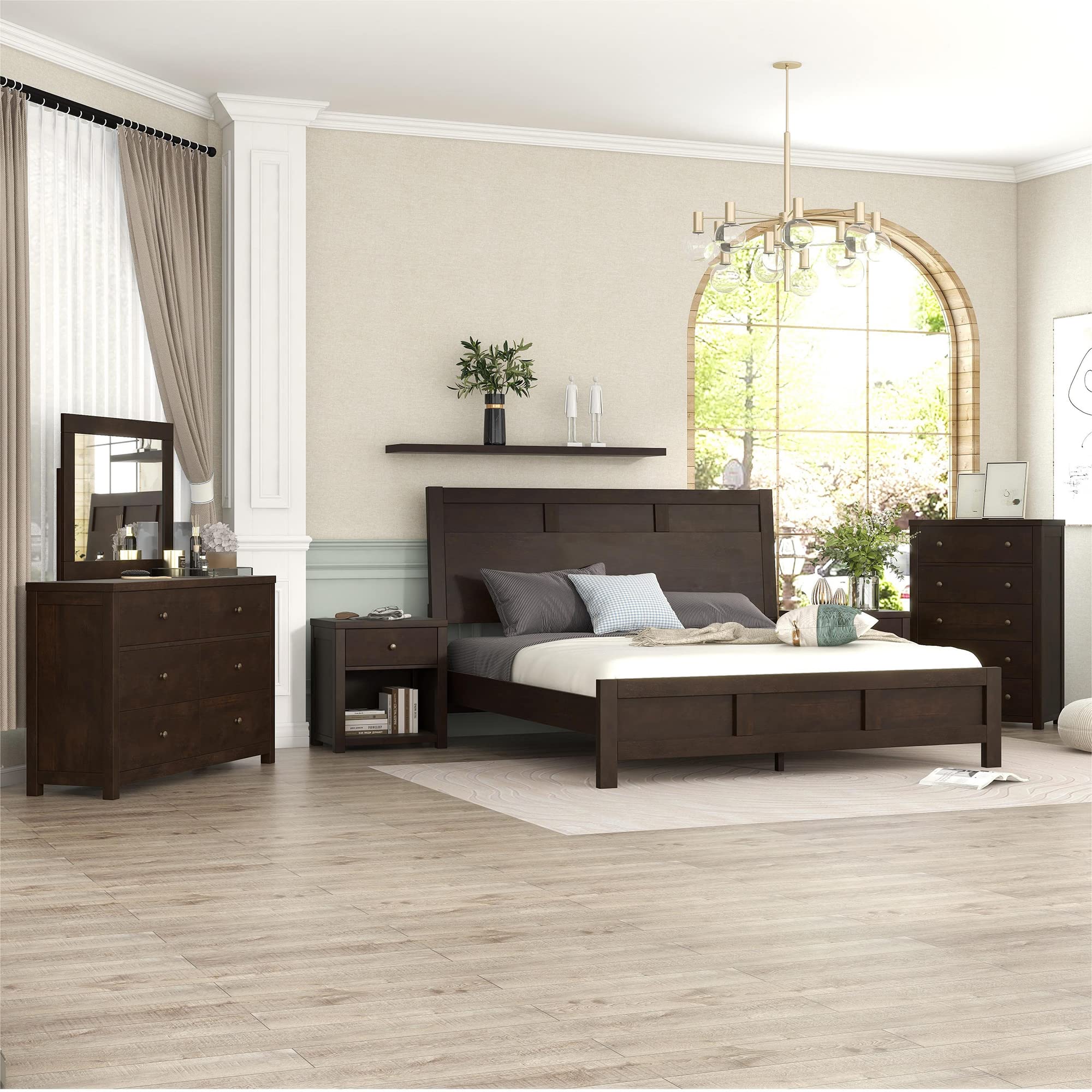 Merax Classic Rich Brown 6-Piece Queen Bedroom Set - Solid Wood Platform Bed, Dresser, Chest, Mirror & 2 Nightstands | Complete Bedroom Furniture Suite for Master Bedroom, Guest Room & Small Spaces