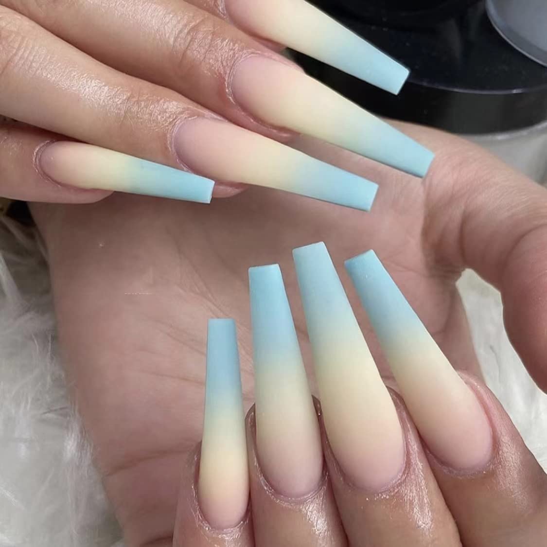 Extra Long Ballet Coffin Press on Nails - Matte Frosted Fake Nails 24 Pcs for Women & Girls (Gradient Blue & Yellow) | Perfect for Parties, Weddings & Daily Wear