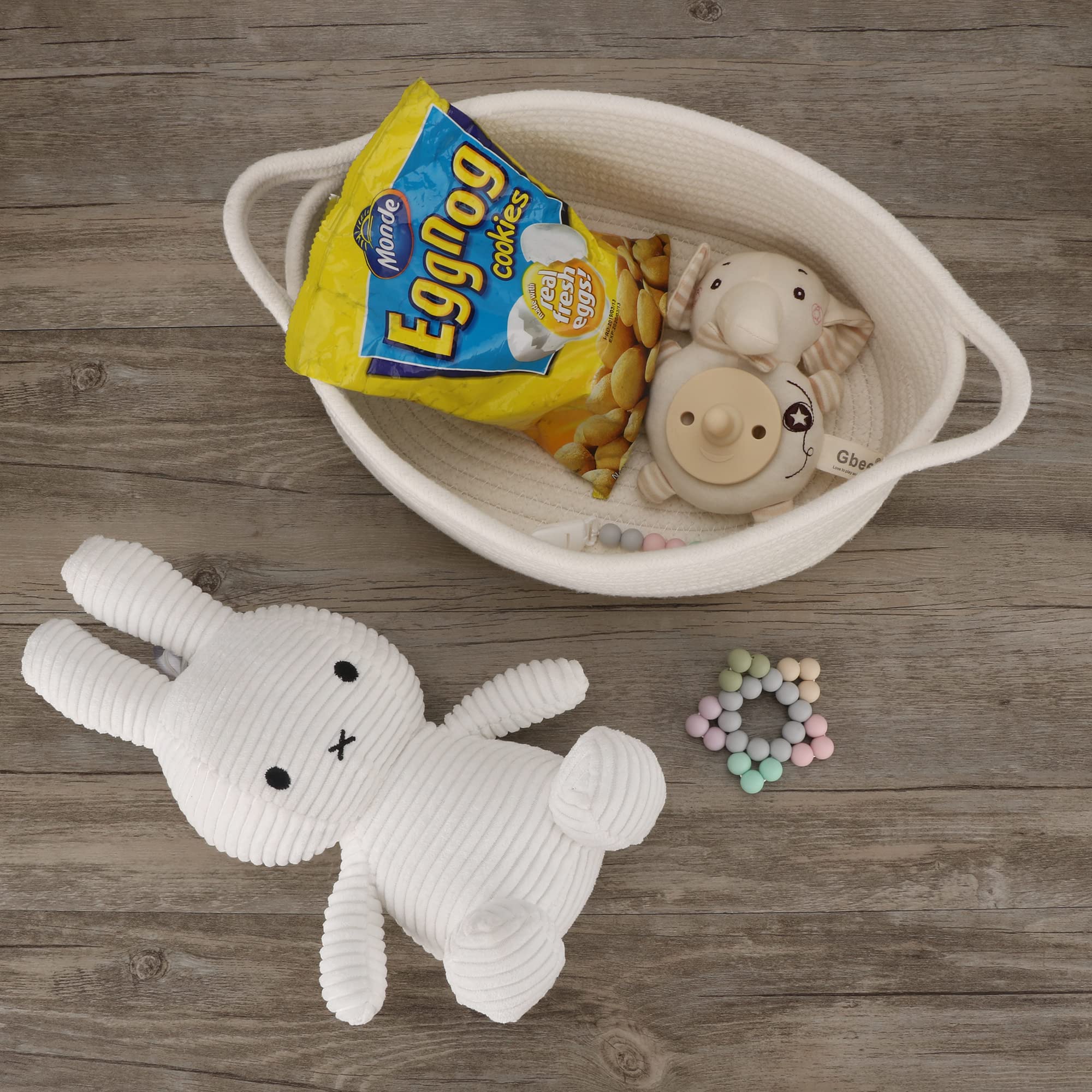 Small Woven Cotton Rope Storage Basket with Handle - Cute Oval Baby Nursery Organizer, Pet Toy Bin, Easter Basket for Home Decor & Kids Room Organization (White)