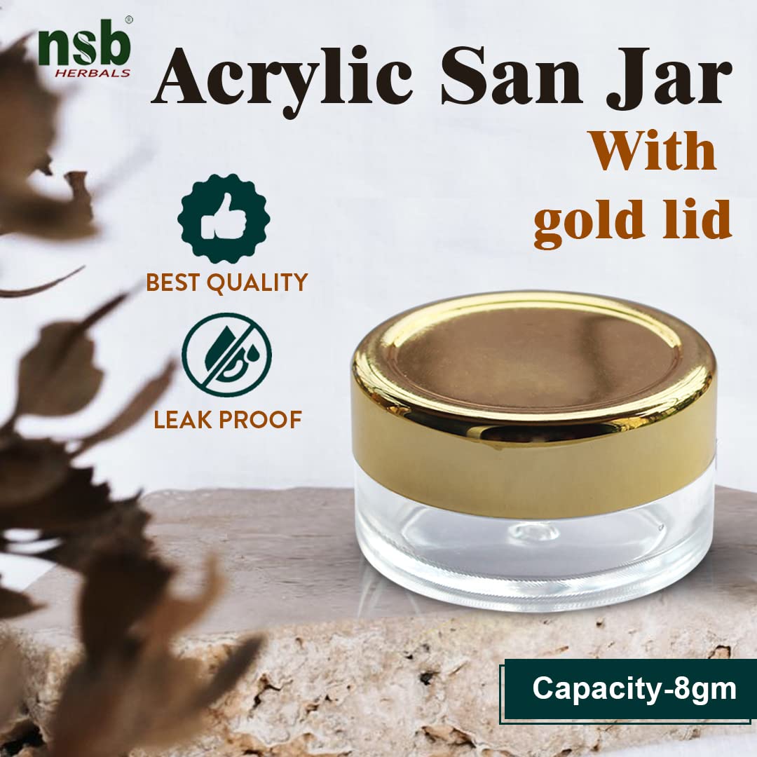 NSB Herbals 8g Acrylic San Jar with Gold Lid - Leakproof Inner Seal for Lip Balm, Body Butter, Eyeshadow & Makeup Storage (6-Pack) | Ideal for DIY Cosmetics, Travel Containers & Salon Organizers