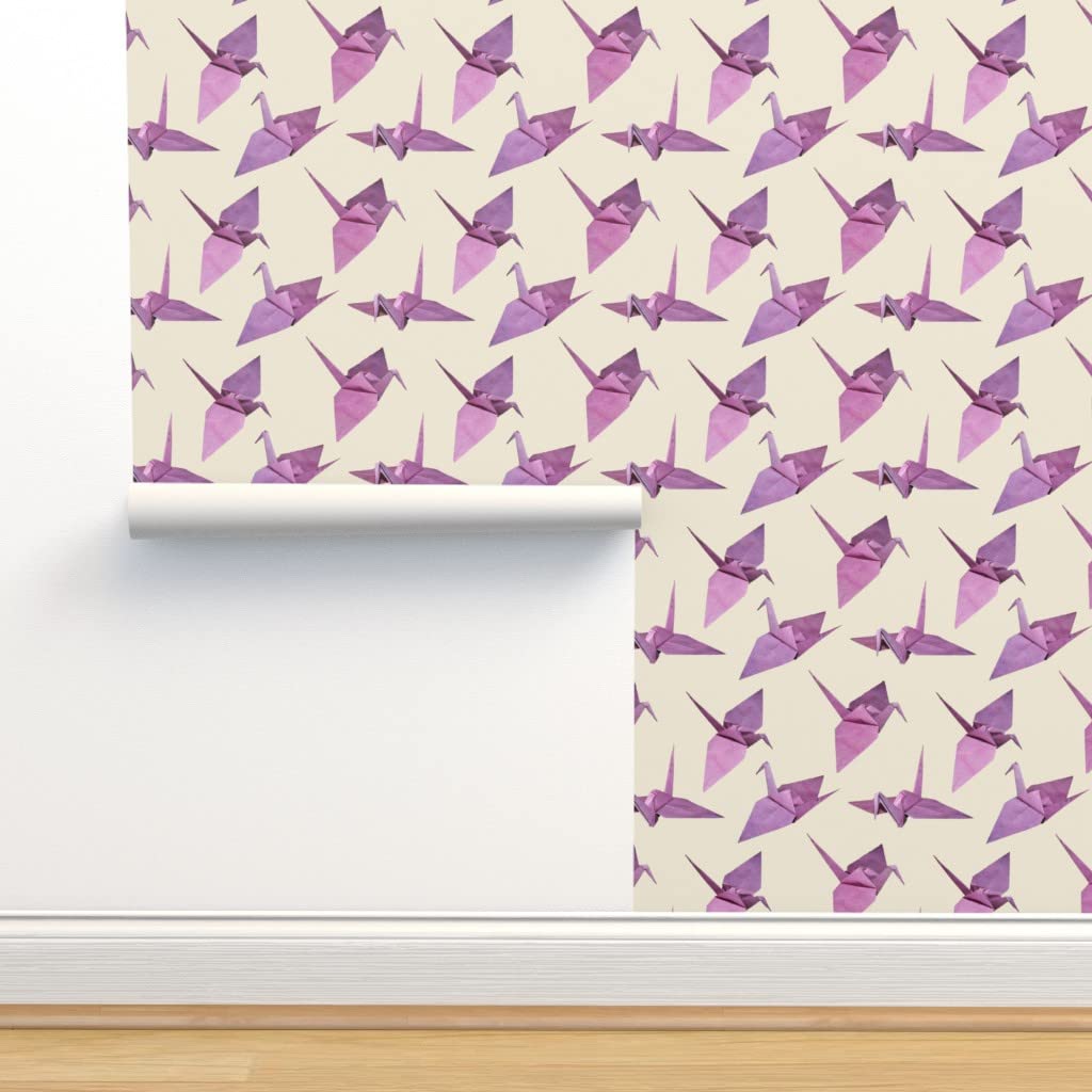 Peel & Stick Removable Wallpaper 9ft x 2ft - Origami Cranes Design in Pink, Violet & Magenta | Japanese-Inspired Custom Wallpaper by Spoonflower | Perfect for Bedrooms, Living Rooms & Home Decor