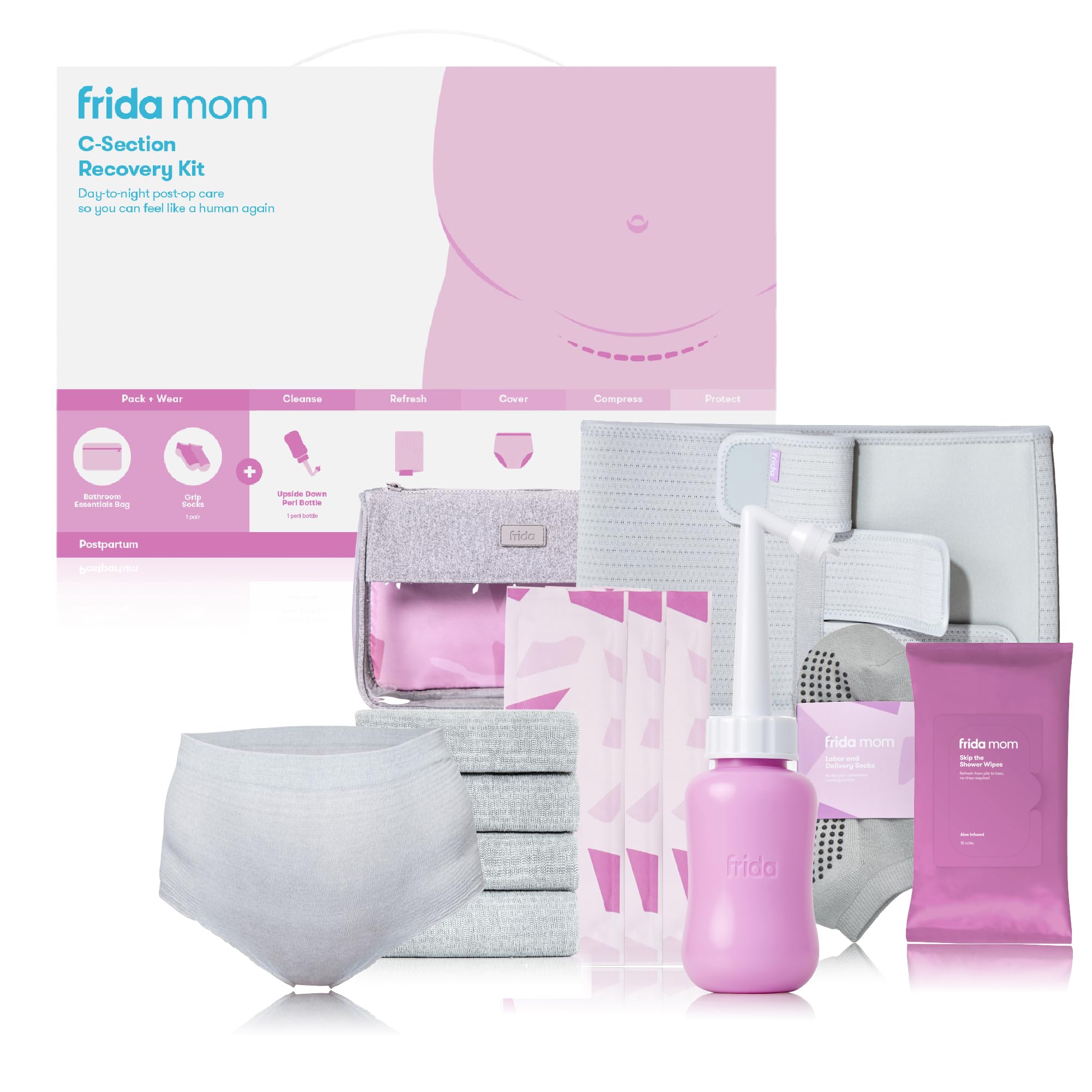 Frida Mom C-Section Recovery Kit - Postpartum Must Haves for New Moms | Includes Abdominal Binder, Peri Bottle, Disposable Underwear, Socks, Silicone Scar Patches & More | Perfect for Hospital Bag, Home Recovery & Post-Surgery Care