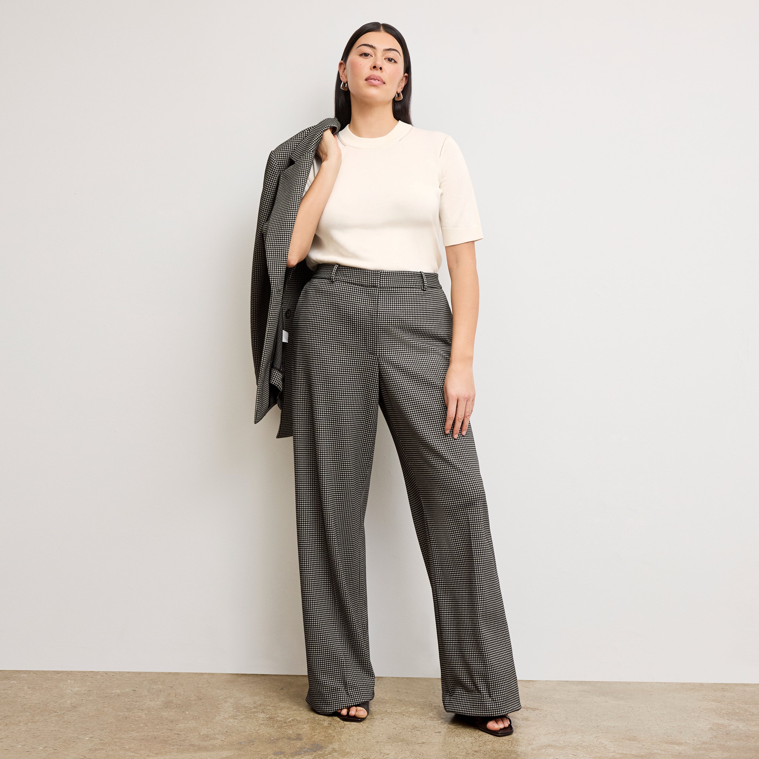 Tinsley Wide Leg Pants for Women - Soft Knit Suiting Fabric with Classic Check Pattern | Office Wear & Casual Outfits