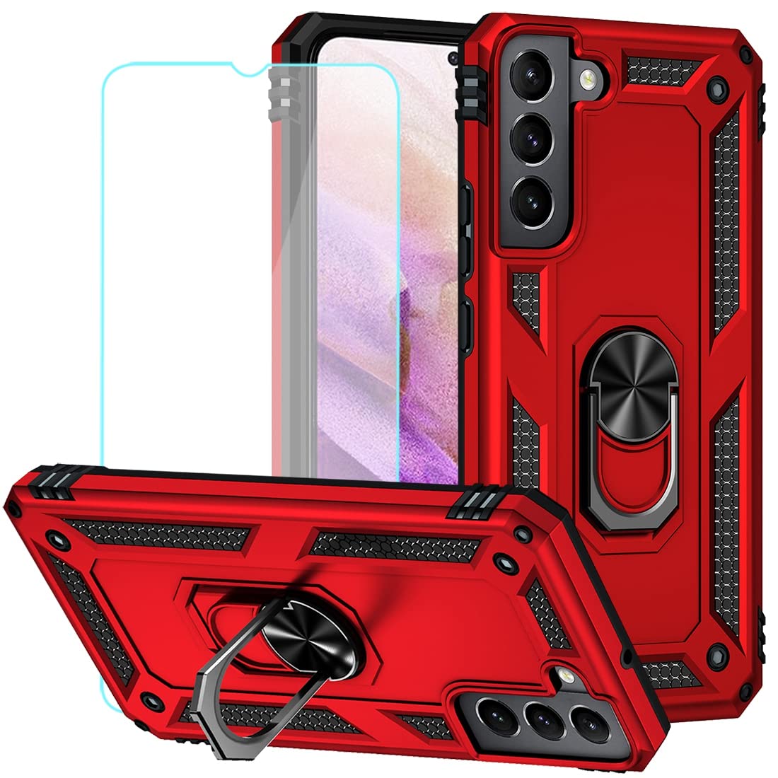 Military Grade Heavy Duty Armor Case for Samsung Galaxy S22 5G (SM-S901U) with Tempered Glass Screen Protector & Magnetic Metal Ring - Shockproof Protective Cover in Red | Perfect for Outdoor, Work & Travel