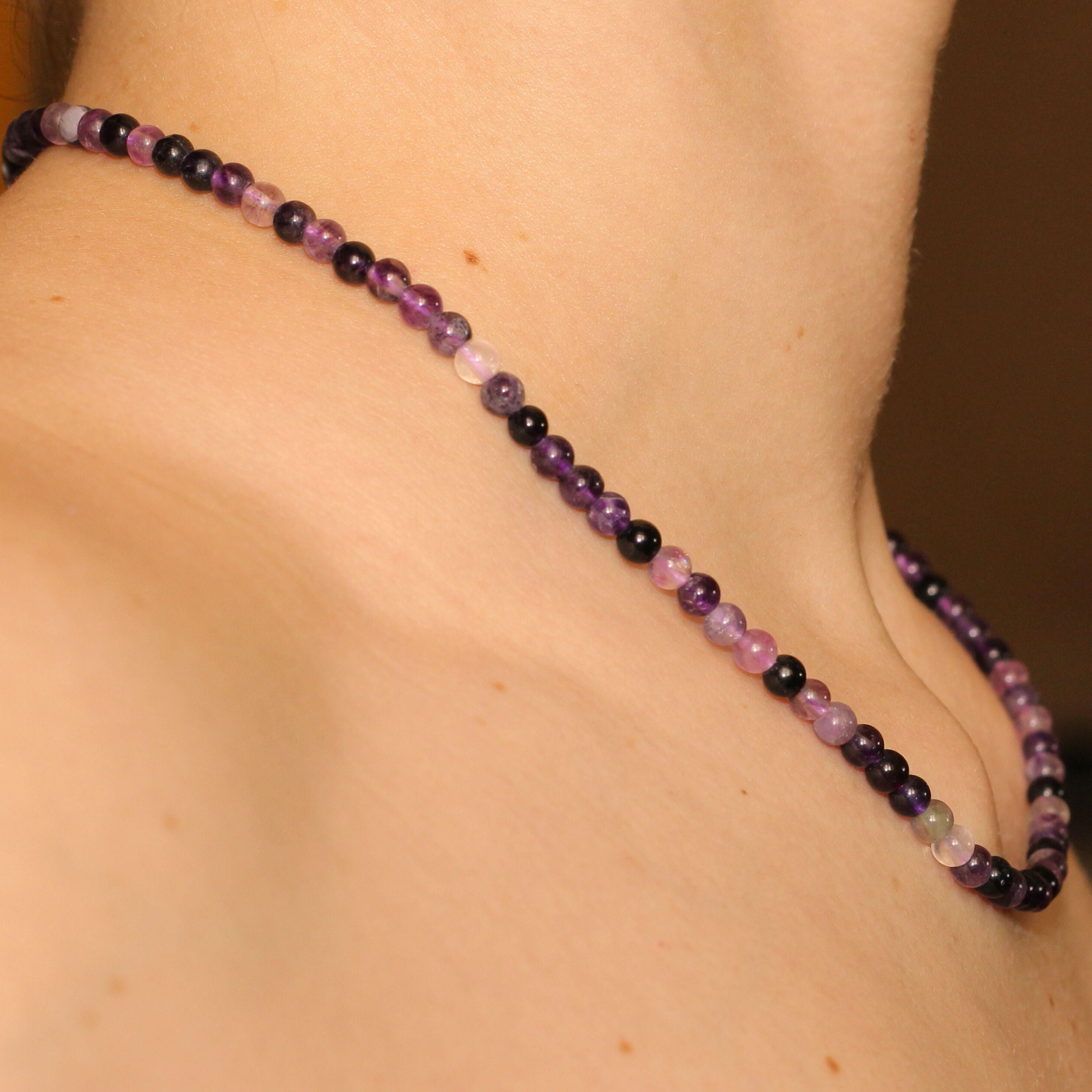 Purple Fluorite Beaded Necklace Mini - Healing Crystal Jewelry for Women, Chakra Balancing & Positive Energy - Perfect for Meditation, Yoga & Spiritual Gifts