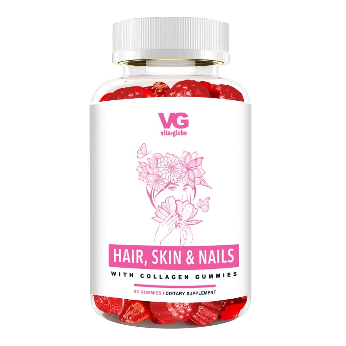 VitaGlobe Hair Skin & Nails Gummies with Collagen 20mg - Vitamin A, C, D, E, B6 & Biotin Supplement for Healthy Hair Growth, Glowing Skin & Strong Nails - 60 Count Gummy Vitamins for Women & Men - Perfect for Daily Beauty Routine & Post-Workout Recovery