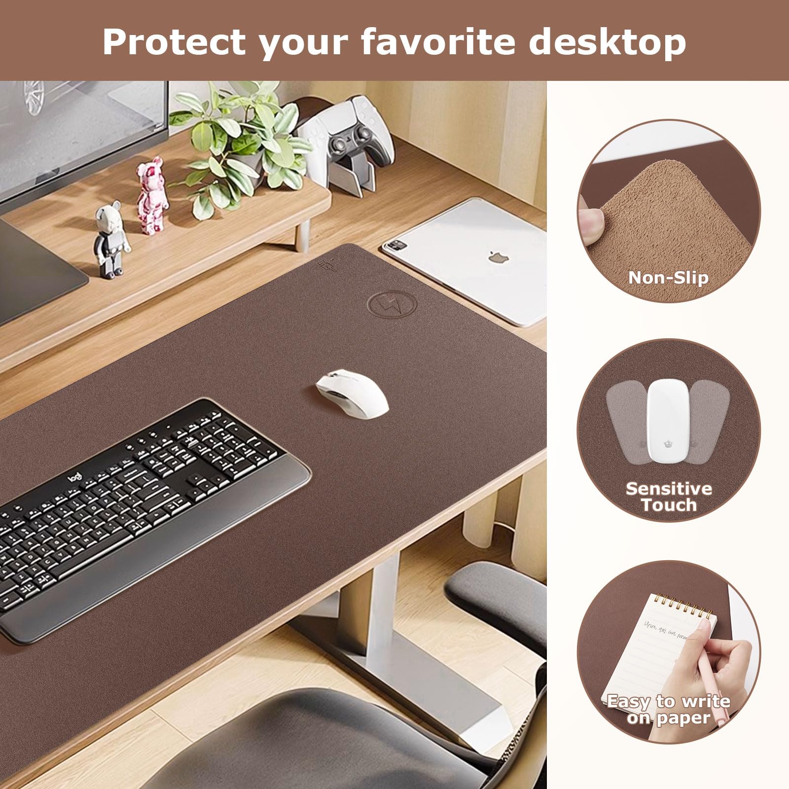 Firelison 2-in-1 Wireless Charging Mouse Pad - Leather Desk Mat with Non-Slip Rubber Base, Waterproof Office Desk Pad for Computer Work (32
