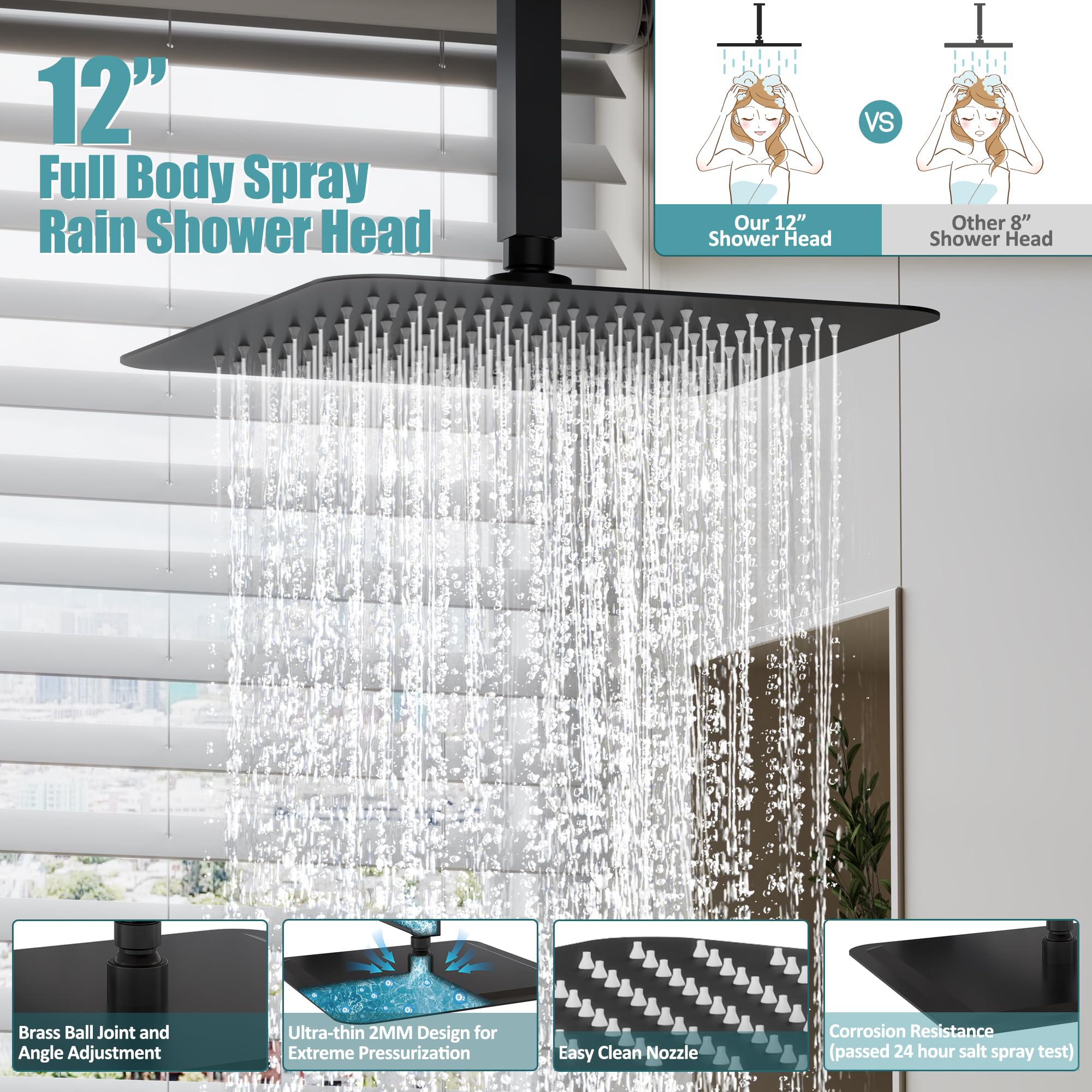 ESNBIA 12 Inch Rain Shower System - Matte Black Dual Shower Head Combo with Handheld, High Pressure Ceiling Mounted Bathroom Faucet Set (Includes Valve & Trim) - Perfect for Luxurious Spa-Like Showers and Modern Bathroom Upgrades