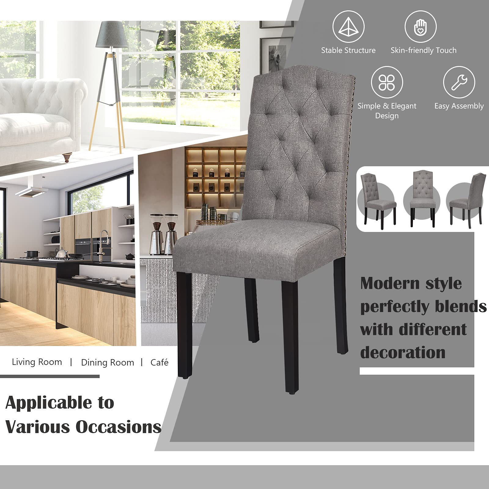 S AFSTAR 2-Piece Fabric Dining Chair Set - Upholstered Accent Chairs with Solid Wood Legs & Tall Back, Tufted Parsons Design for Kitchen, Dining Room, Living Room - Comfortable & Stylish Seating (Grey)