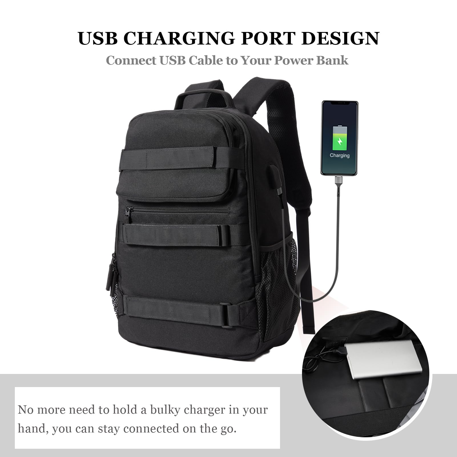 **Skateboard Backpack for Men & Women - Large Durable Skateboard Bag with USB Charging Port, Laptop Compartment - Perfect for Skateboarding, College, Travel & Commuting (Black)**