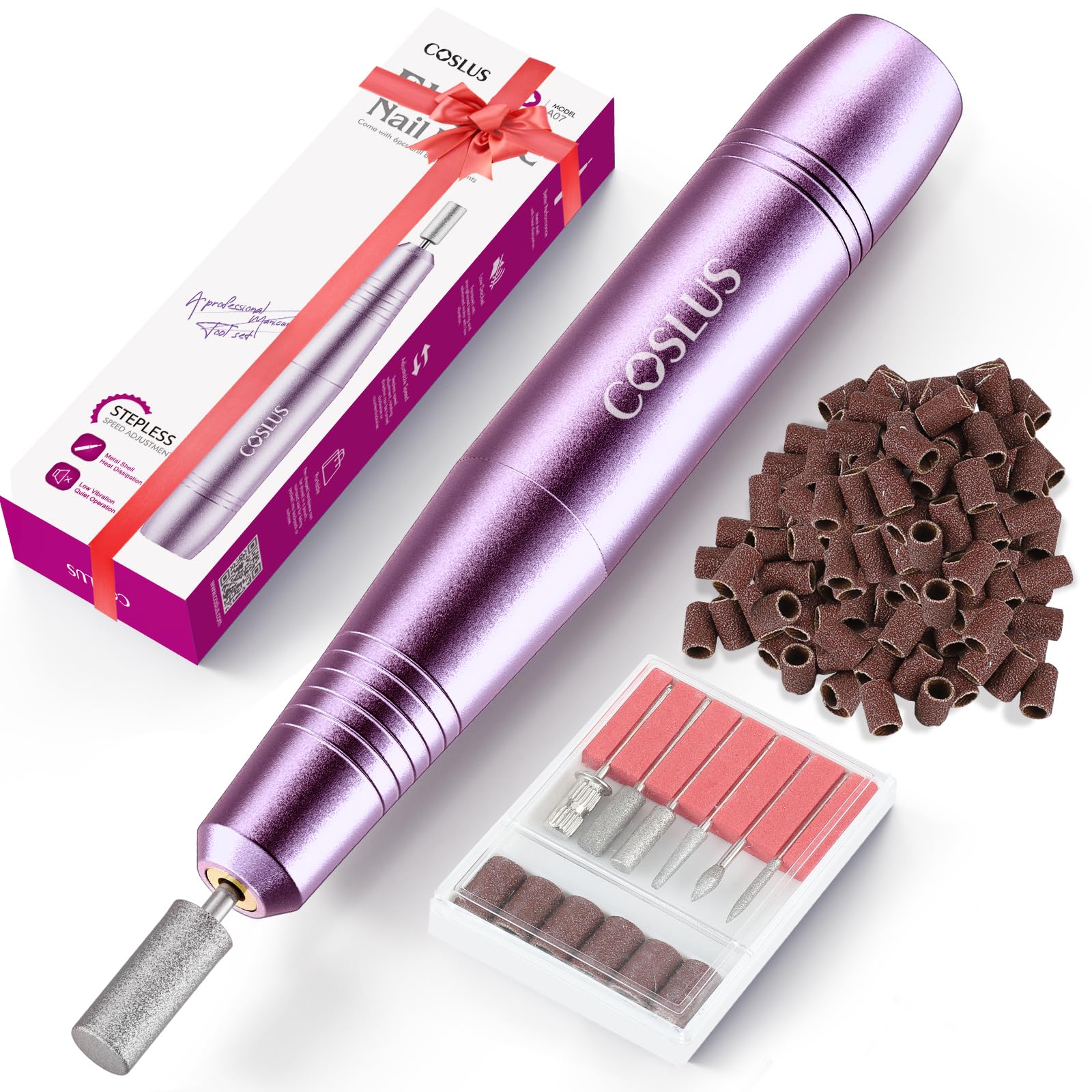 Professional Electric Nail Drill File Kit - COSLUS Portable Manicure Pedicure Machine for Acrylic, Gel & Dip Powder Nails | Includes Sanding Bands & Drill Bits | Cuticle & Dead Skin Care | Perfect for Salon & Home Nail Care (Purple)
