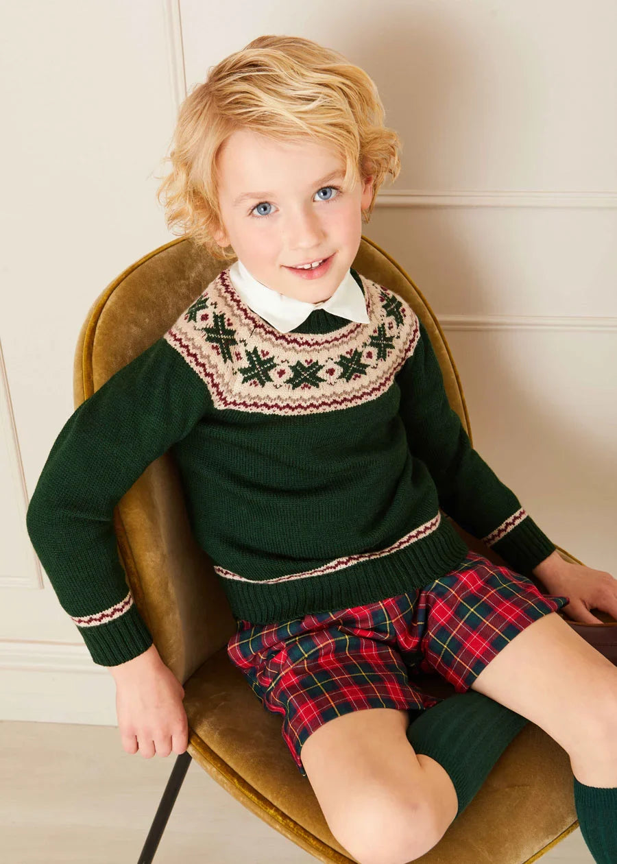 Classic Fair Isle Merino Wool Sweater for Kids - Green Knit Pullover (12 Months to 10 Years) | Warm Winter Wear for Boys & Girls | Cozy Holiday Outfit & Christmas Photoshoot
