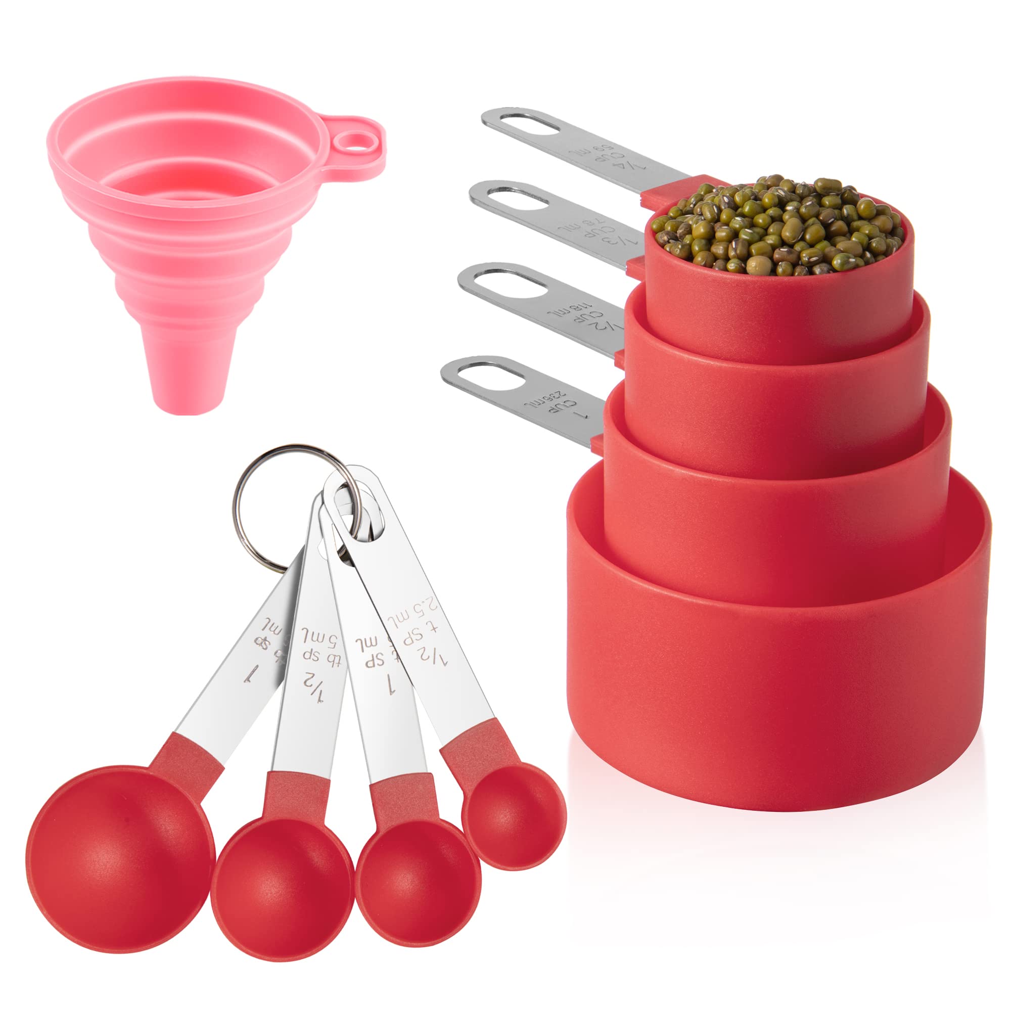 **Huygens 8-Piece Stainless Steel Measuring Cups and Spoons Set - Stackable for Dry & Liquid Ingredients (Red) - Perfect for Baking, Cooking & Meal Prep**