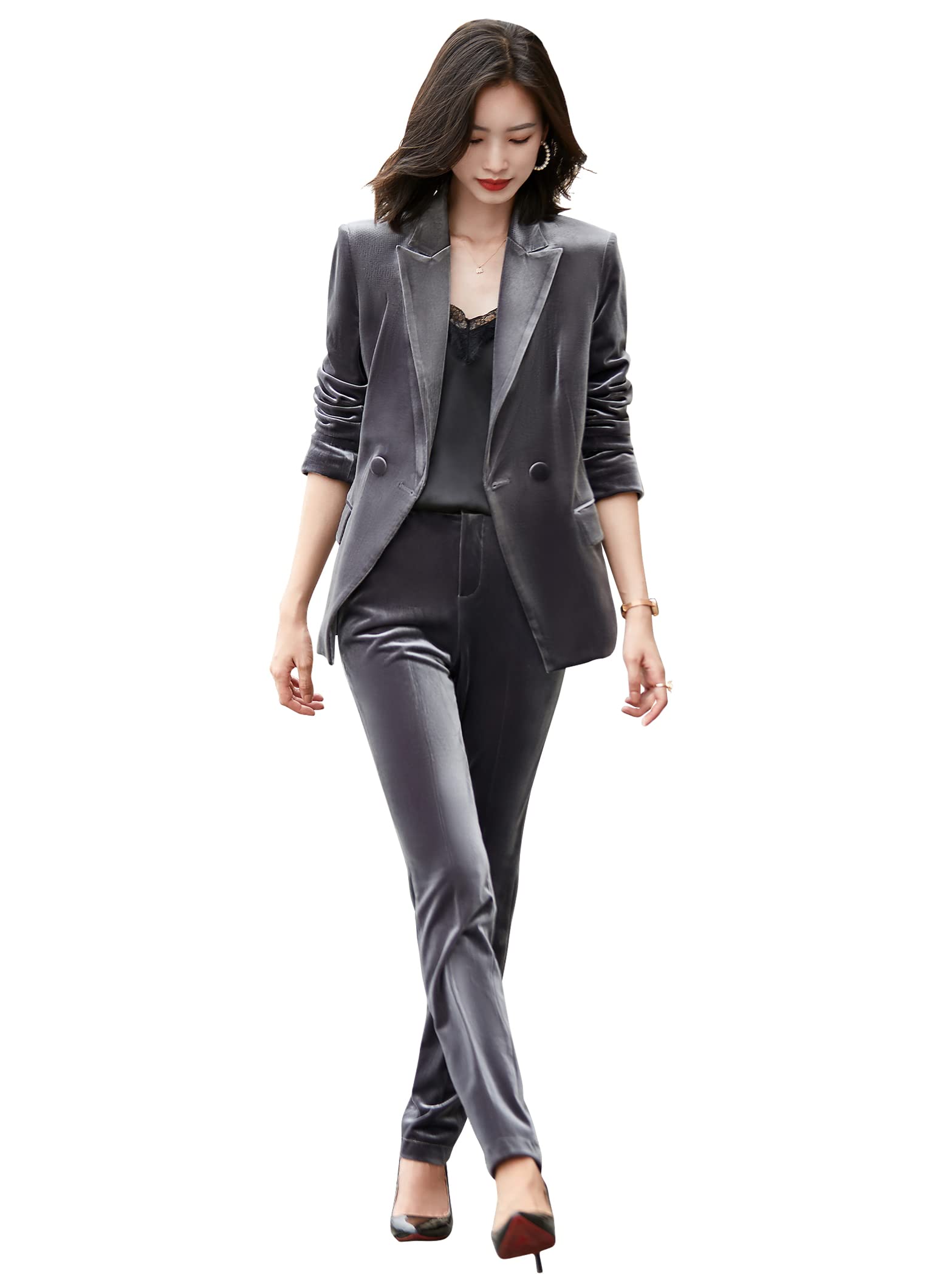 SUSIELADY Women's 2-Piece Velvet Business Suit Set - Long Sleeve Blazer & Straight Leg Pants for Office Work, Business Meetings & Professional Outfits