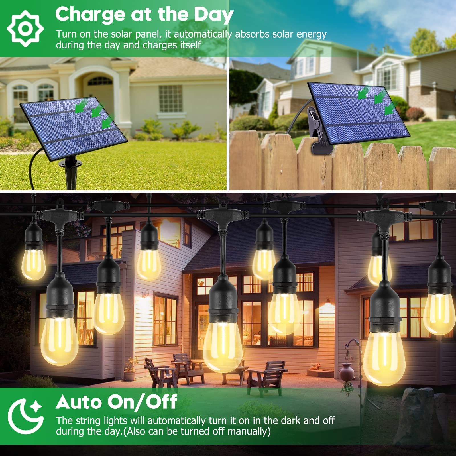 35FT Solar String Lights Outdoor Waterproof - Commercial Grade IP65 LED Solar Powered Patio Lights with S14 Shatterproof Sockets - Perfect for Garden, Backyard, Wedding, Party, and Holiday Decorations