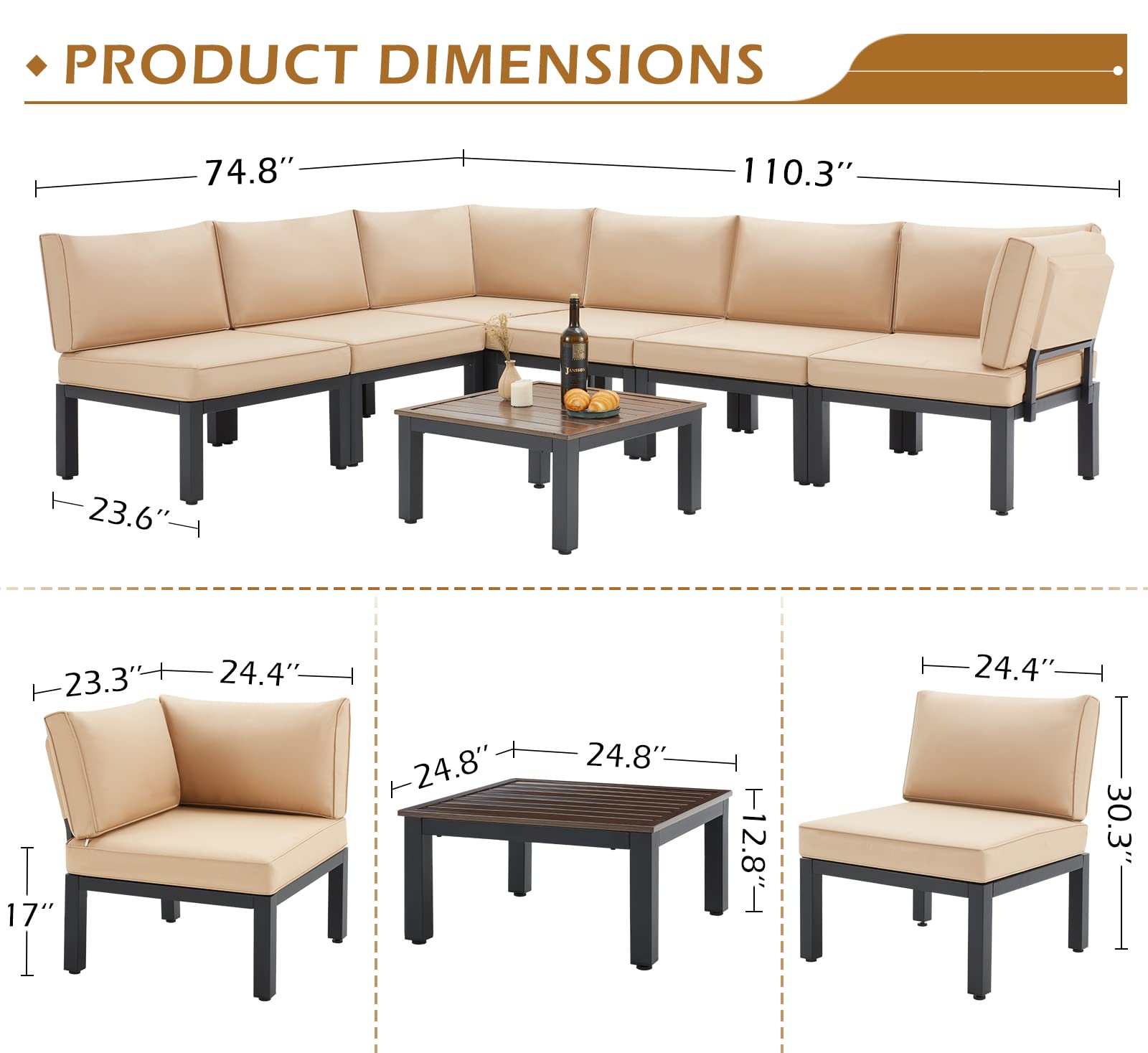 AECOJOY Outdoor Patio Furniture Set - 5-Piece Metal Sectional Conversation Sofa with Beige Cushions, Black Wrought Iron Garden Furniture for Backyard, Poolside & Deck Relaxation