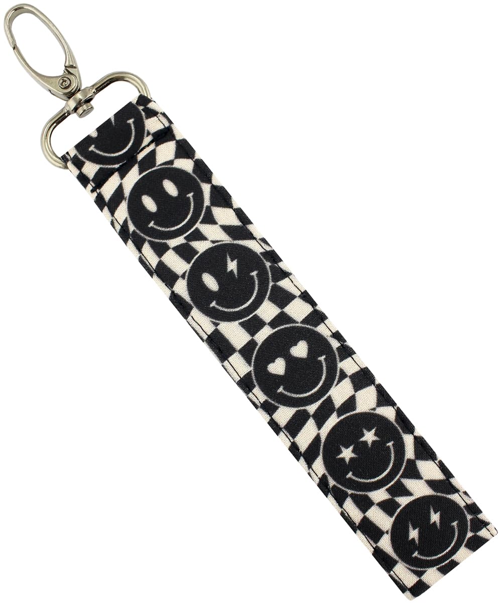 Smiley Face Keychain Wristlet - Retro Checkered Happy Face Lanyard - Cute Hippie Key Tag for Backpack & Purse - Trendy Car & Home Accessories for Women & Teens (Black) - Perfect for Keys, Bags, Gifts & Everyday Use