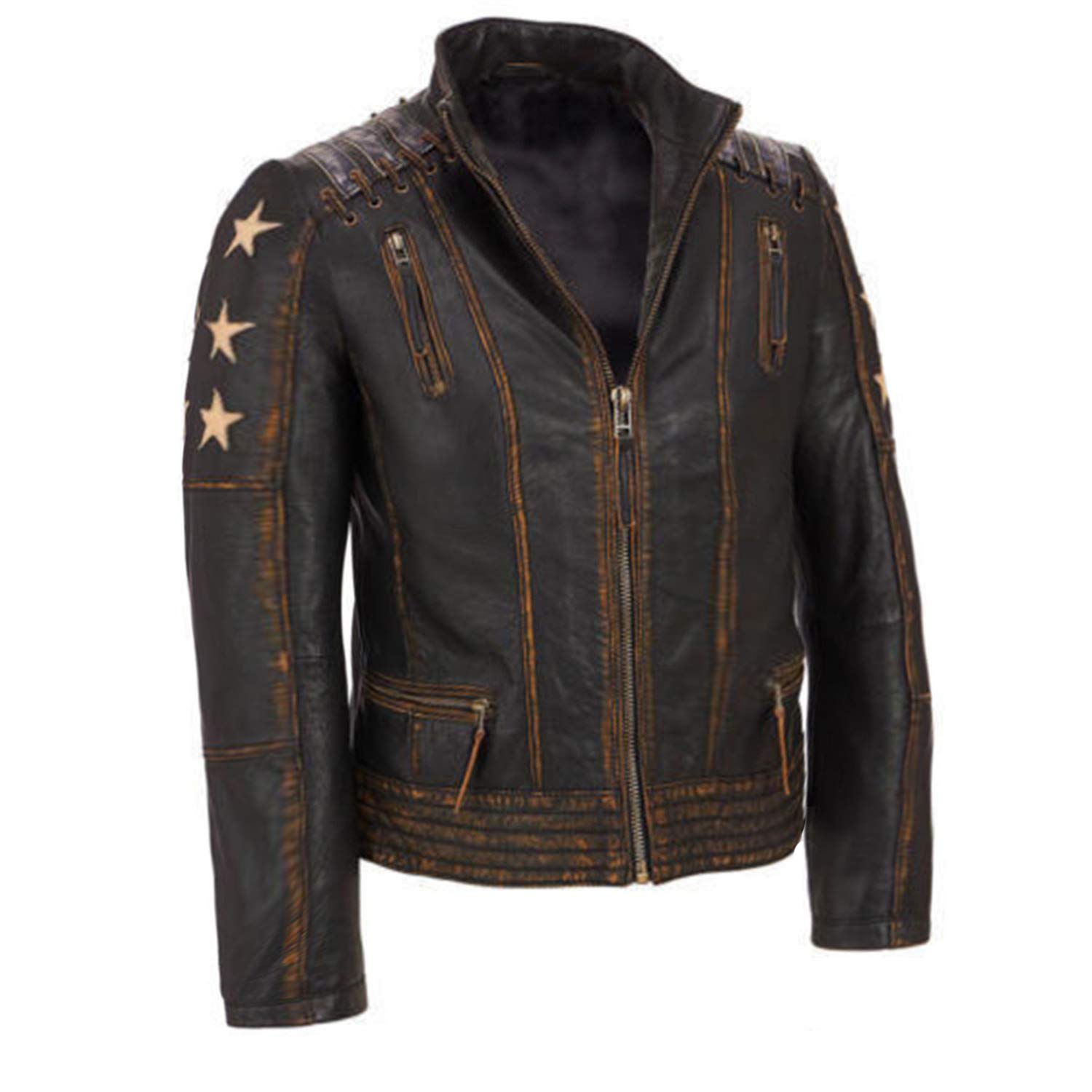 Vintage Distressed Motorcycle Leather Jacket for Men - Cafe Racer Biker Style Jacket with Star Design | Perfect for Riding, Casual Wear & Outdoor Adventures