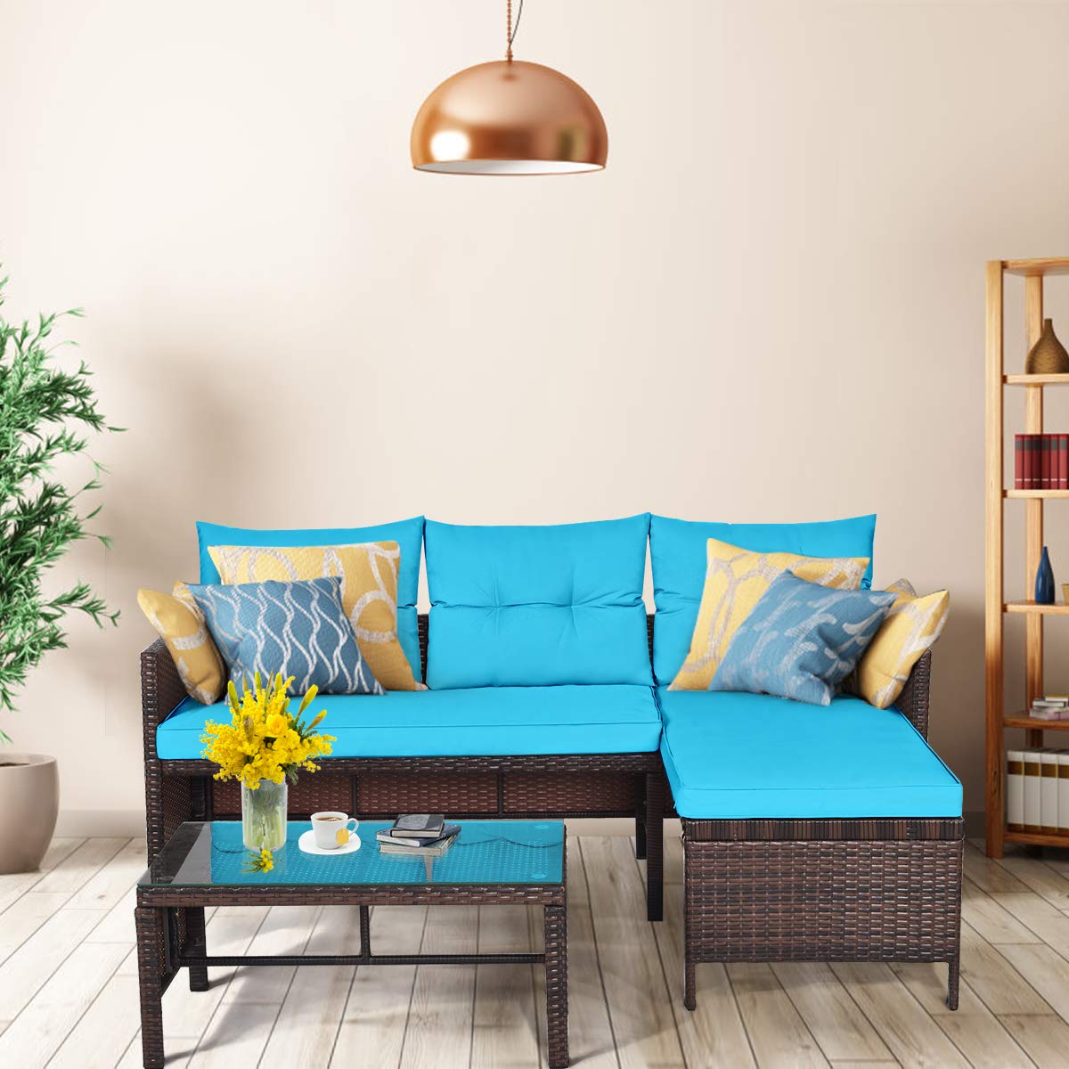 All-Weather Moccha Patio Furniture Set - 5-Piece Outdoor Sectional Sofa with Lounge Chaise, Loveseat & Coffee Table - Durable Rattan Wicker Couch with Washable Cushions - Turquoise Garden, Backyard, Lawn & Poolside Furniture for Relaxation