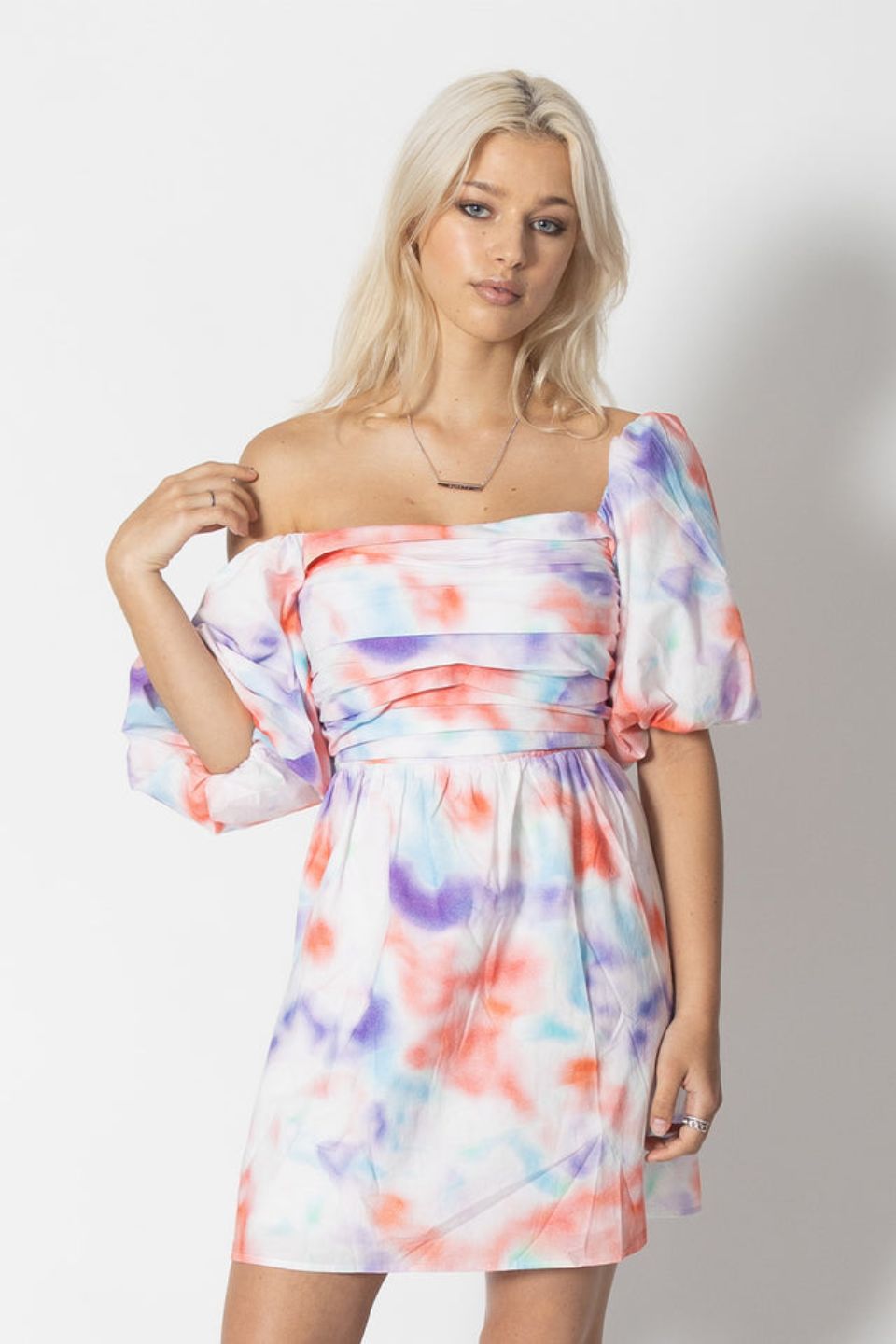 Trendy White Tie Dye Pleated Bust Puff Short Sleeve Mini Dress for Women | Summer Casual Outfit, Beach Party, Date Night