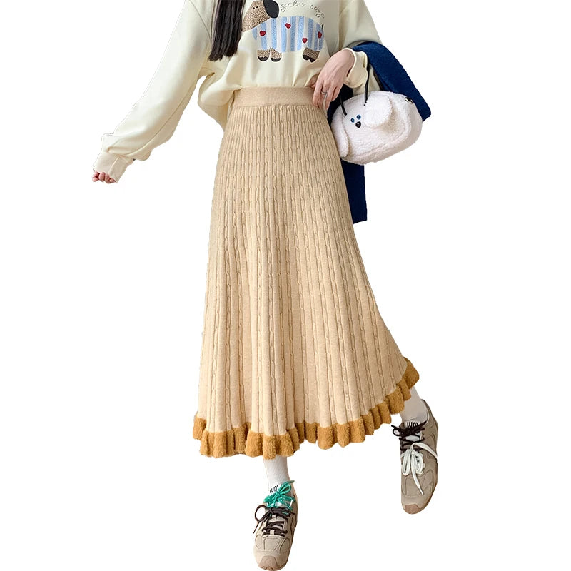Women's High Waist Knitted Pleated Long Skirt - Black & White Elegant Fall Winter Fashion for Vacation, Office & Casual Wear