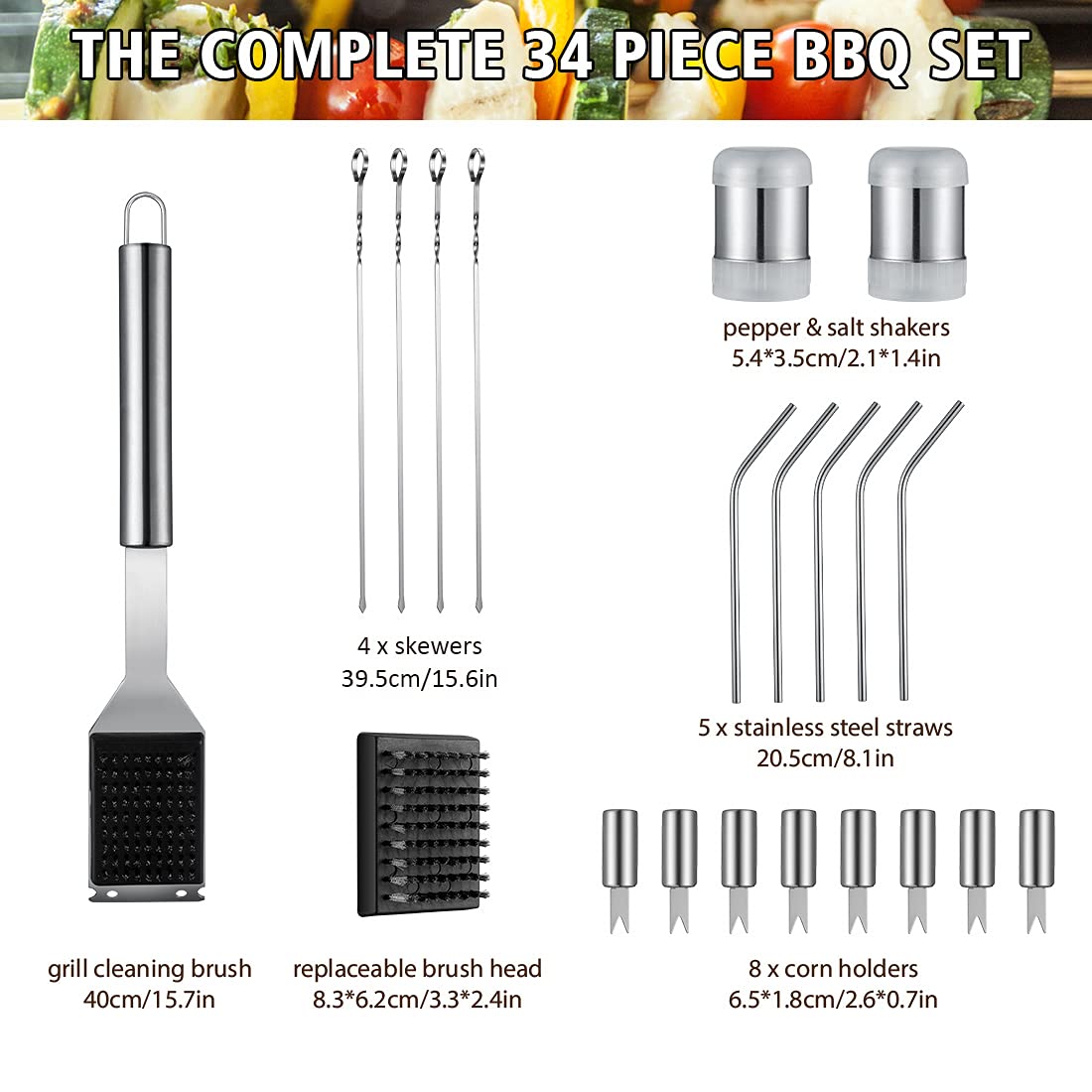 HUSSAR 34-Piece Stainless Steel BBQ Grill Tools Set - Spatula, Tongs, Skewers & Premium Grilling Accessories for Outdoor Cooking, Camping, Backyard BBQ - Complete Grill Utensil Kit with Storage Bag (Silver, BTS-34) | Perfect for Summer Grilling, Tailgating & Family Gatherings