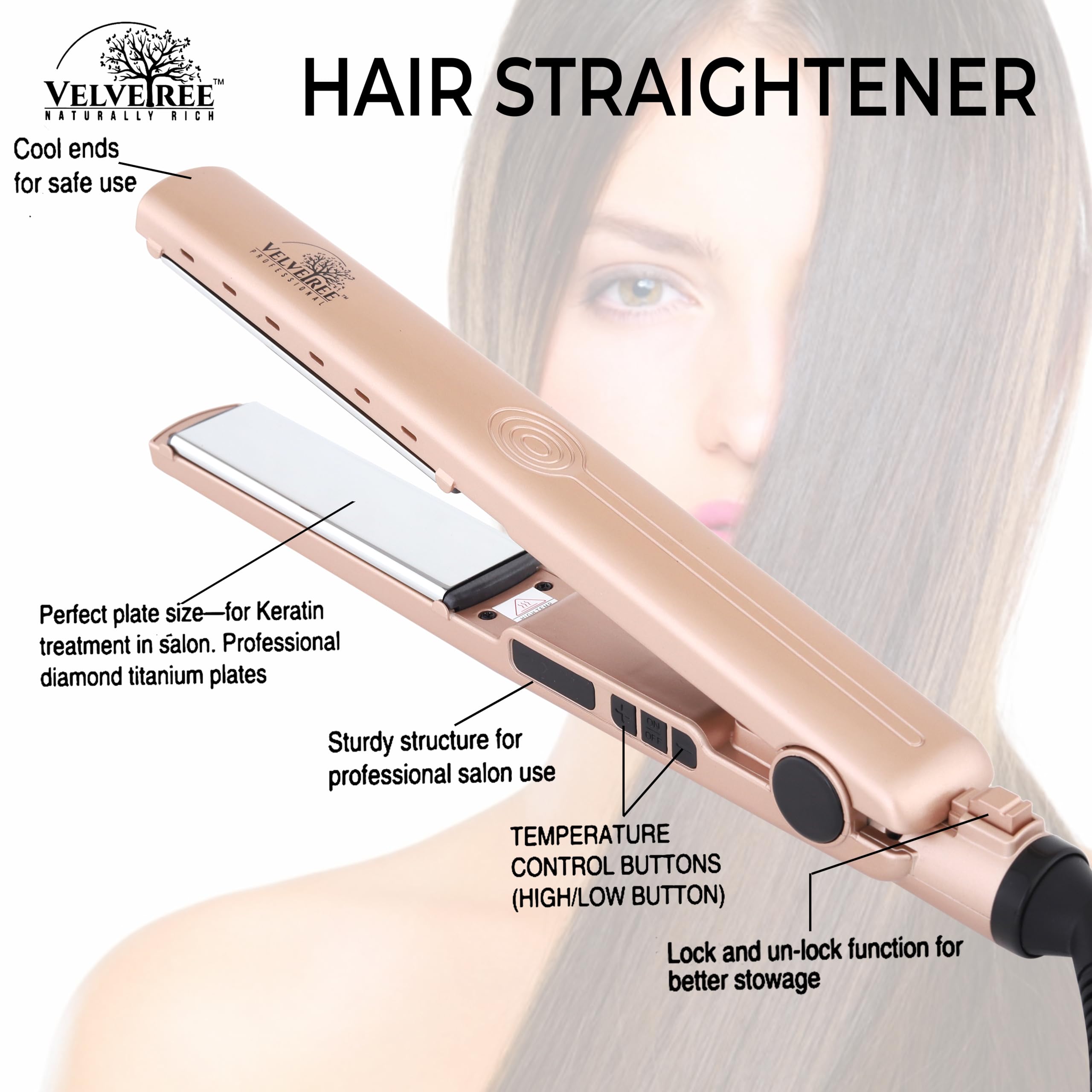 Velvetree Professional Hair Straightener with Diamond Titanium Plates - Adjustable Temperature Control & Rose Gold Design - Perfect for Salon, Home Use & Travel Styling